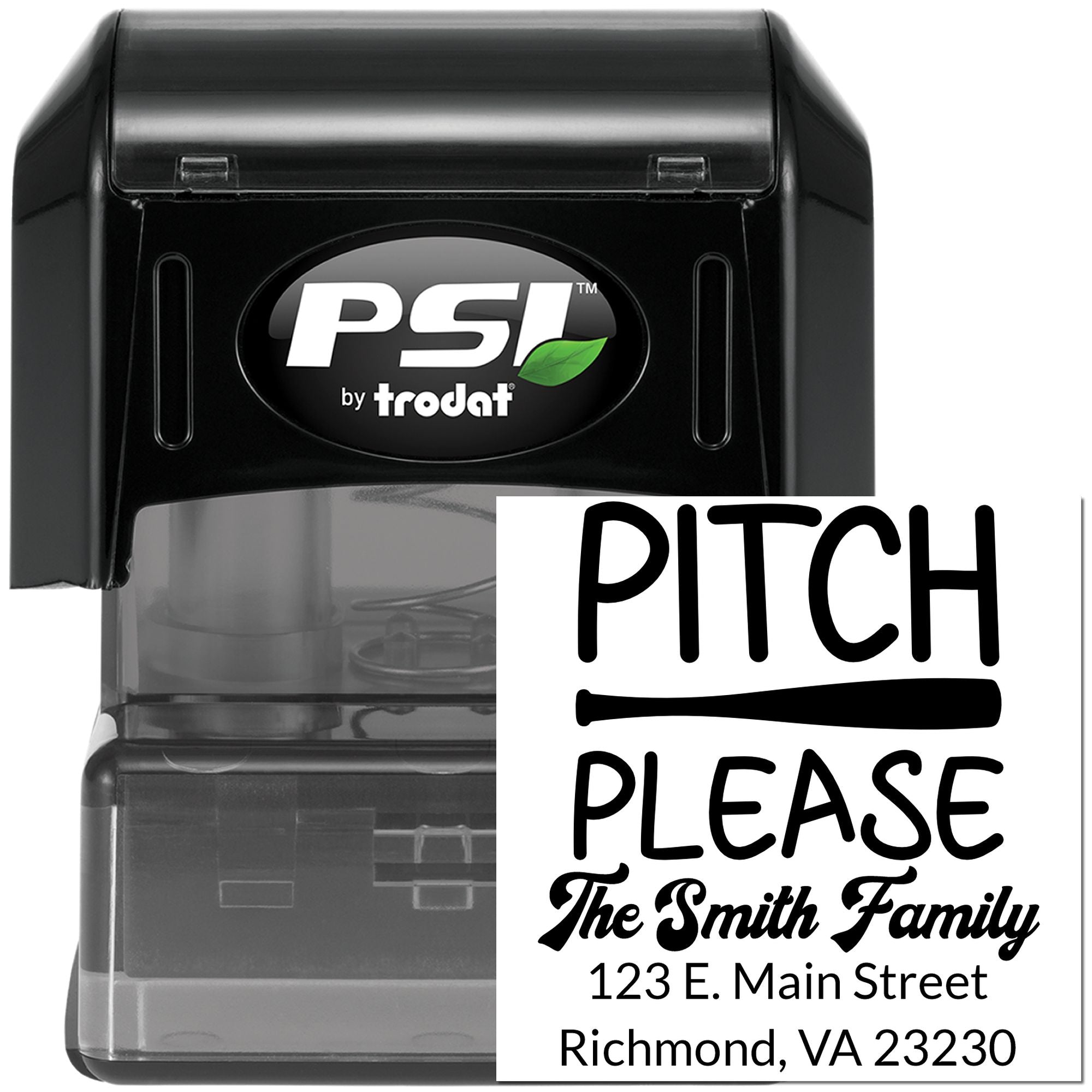 PSI by Trodat self-inking custom rubber stamp with Pitch Please and address design for personalized mailing