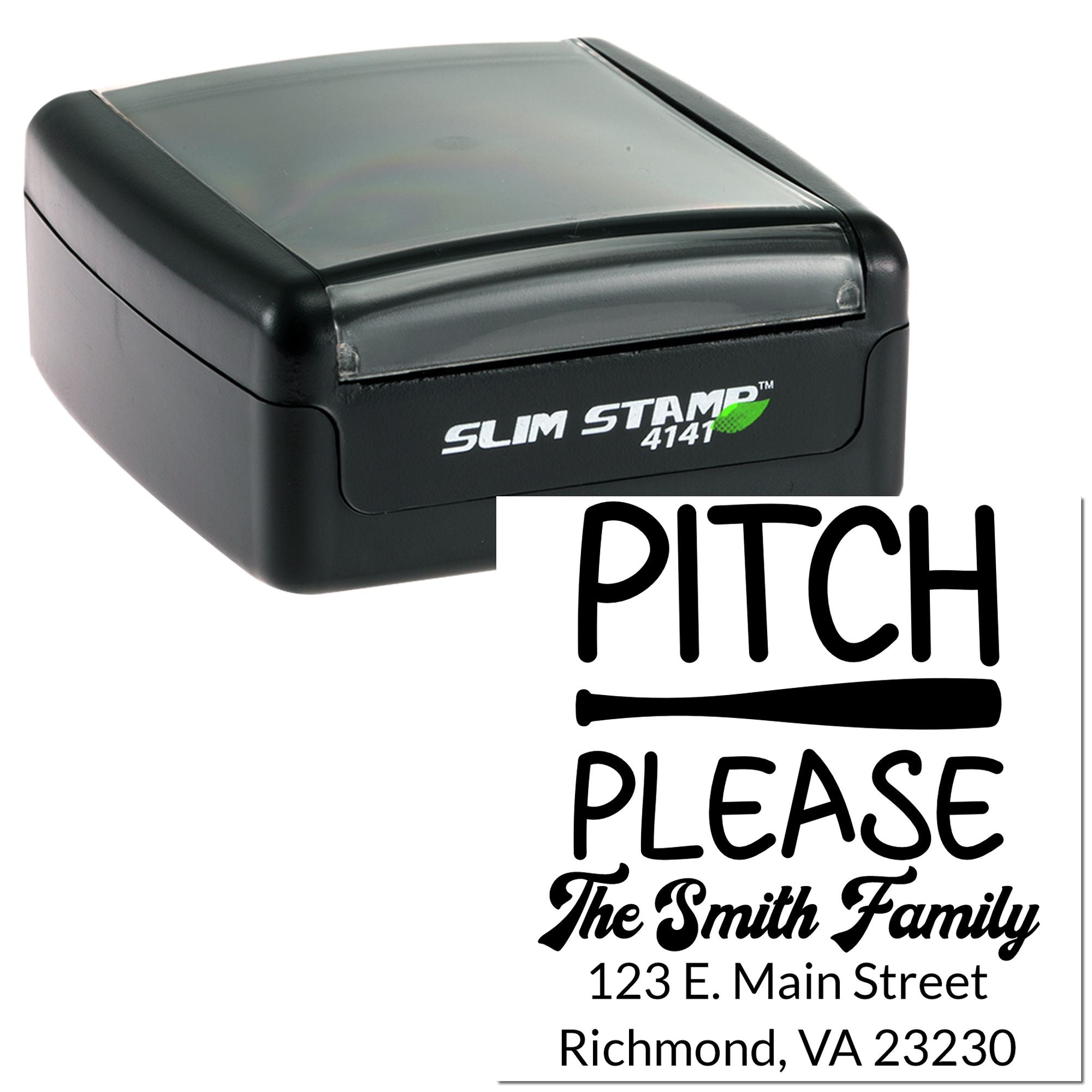 Custom self-inking rubber stamp showing Pitch Please family address imprint, Slim Stamp 4141, for personalized mailing.