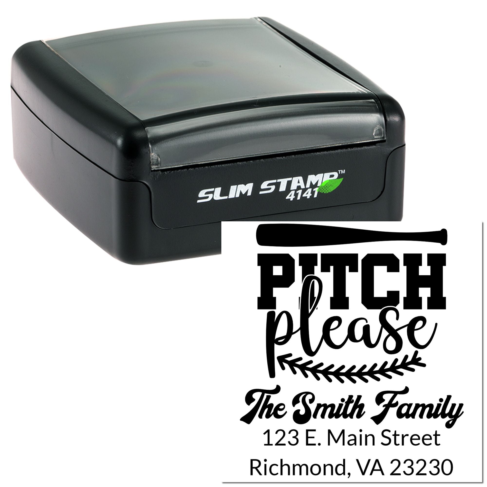 Custom self-inking return address rubber stamp with Pitch Please family design for envelopes, cards, and mailings.