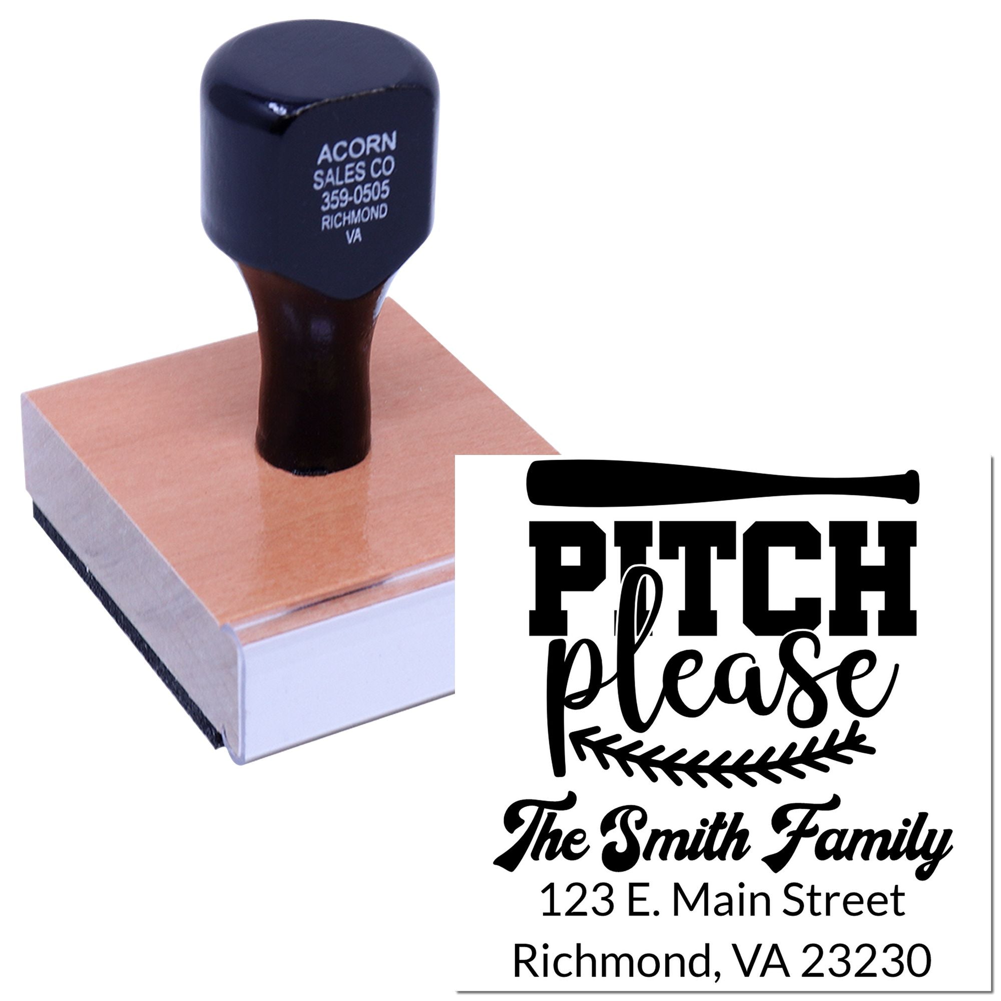 Custom family return address rubber stamp with Pitch Please design, The Smith Family, and Richmond, VA address.
