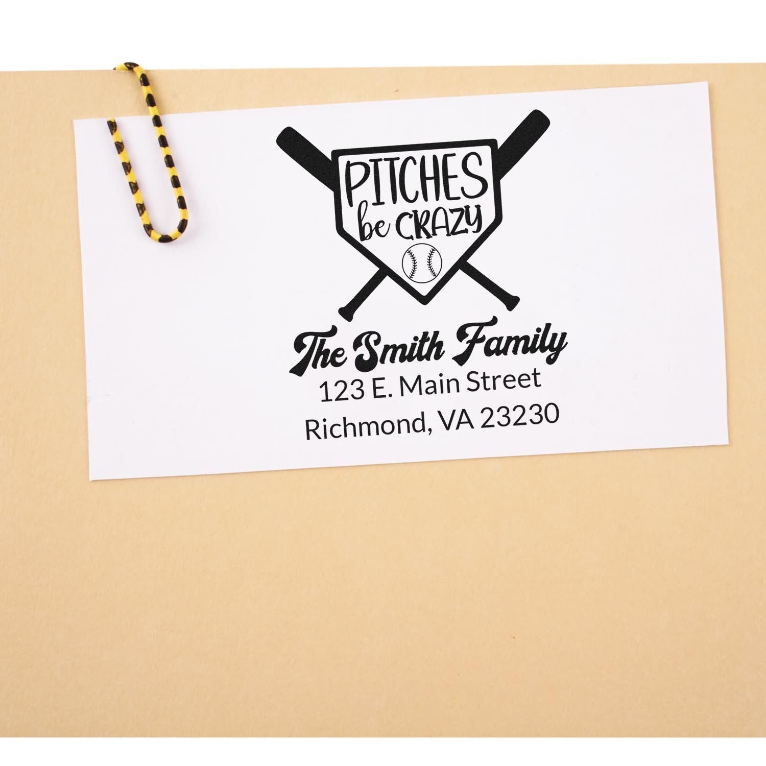 Custom baseball rubber stamp with Pitches Be Crazy family return address design for envelopes and sports fan stationery.