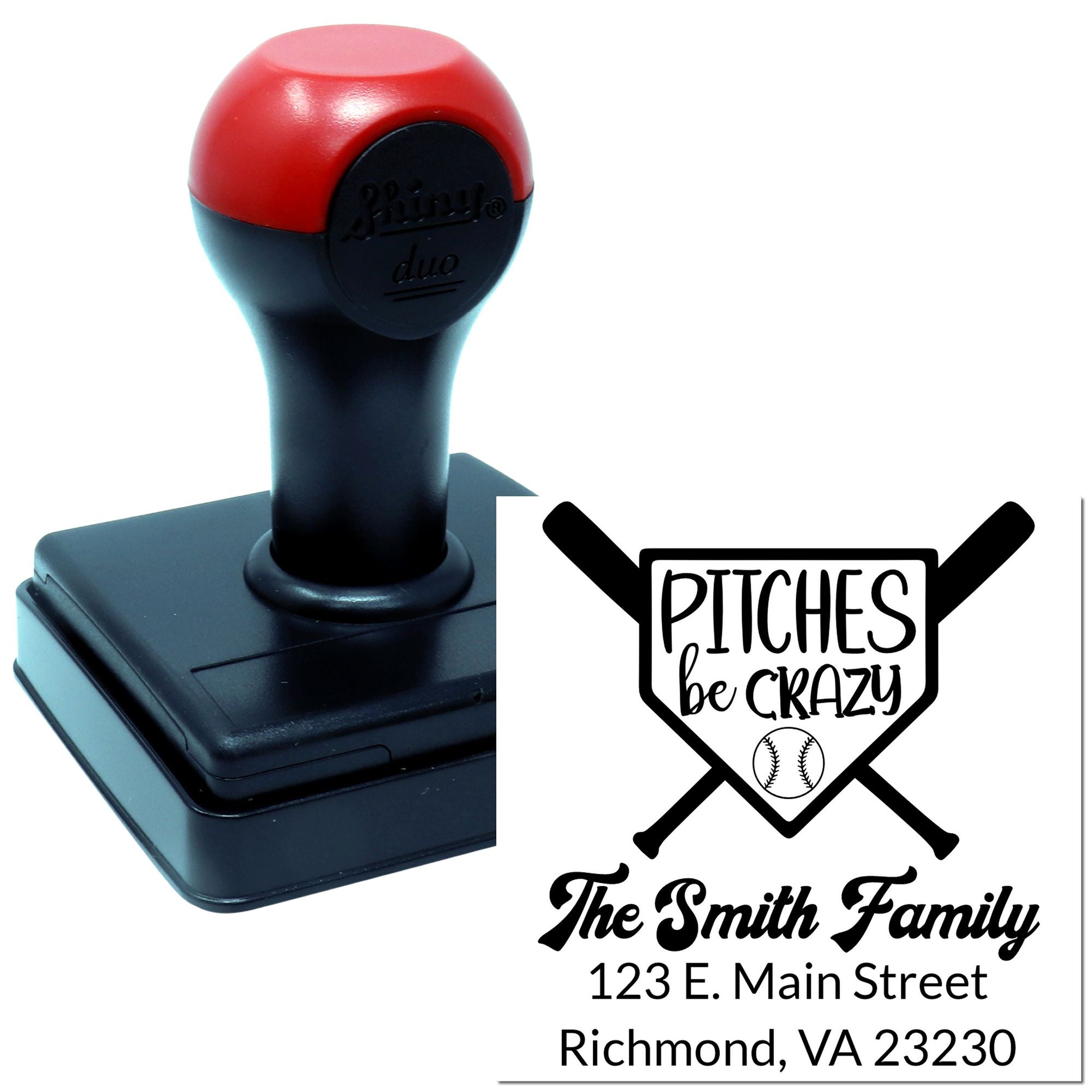 Custom self-inking rubber stamp with baseball-themed family return address design, Pitches Be Crazy, and address.