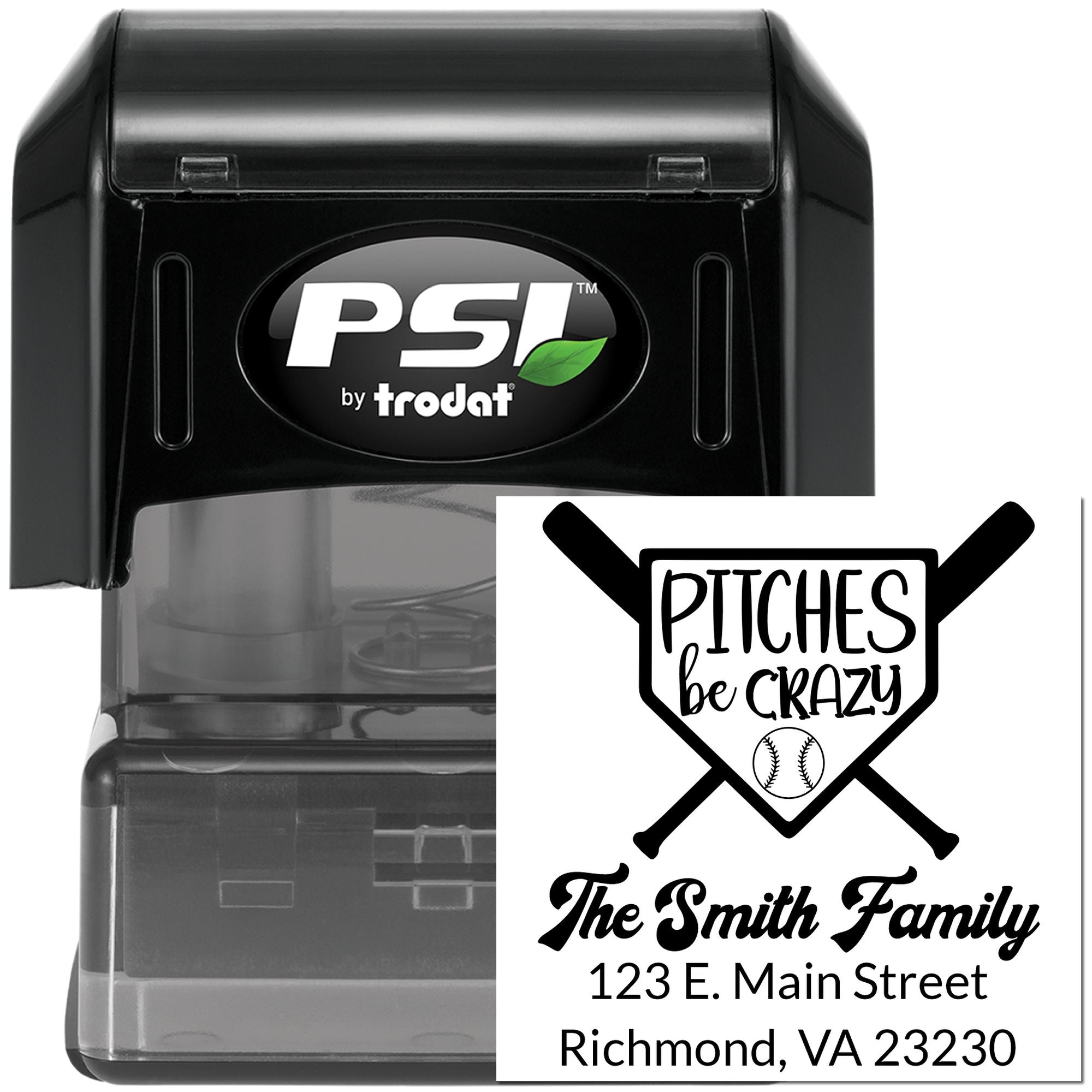 PSI by Trodat self-inking rubber stamp with custom baseball return address design for The Smith Family in Richmond, VA.
