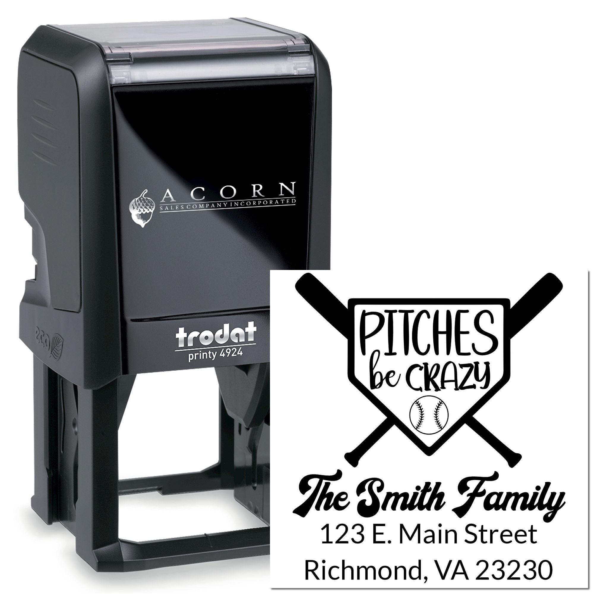 Custom self-inking rubber stamp with baseball family address design for personalized return mailings.
