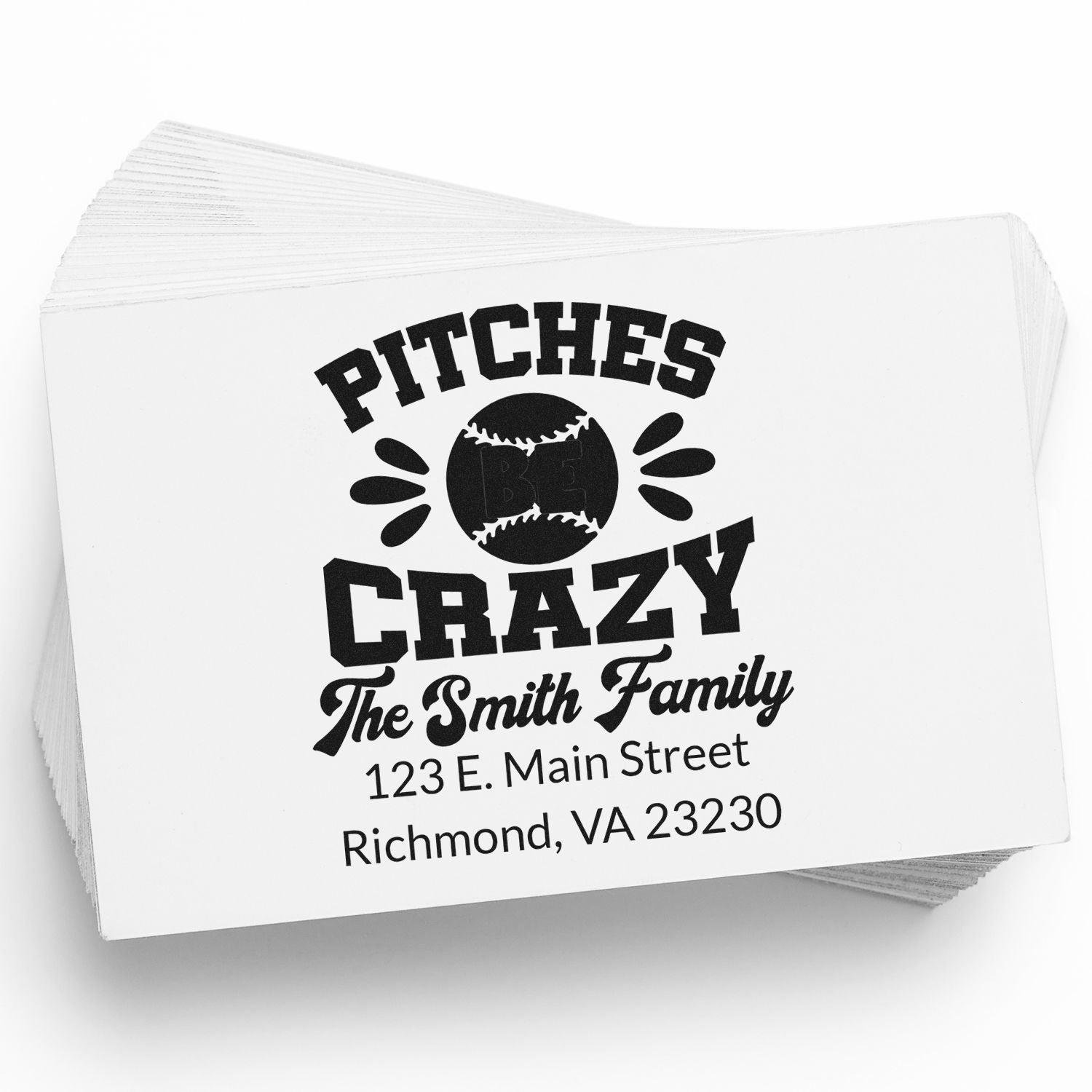 Custom baseball-themed rubber stamp for The Smith Family with Pitches Crazy design and Richmond, VA address.