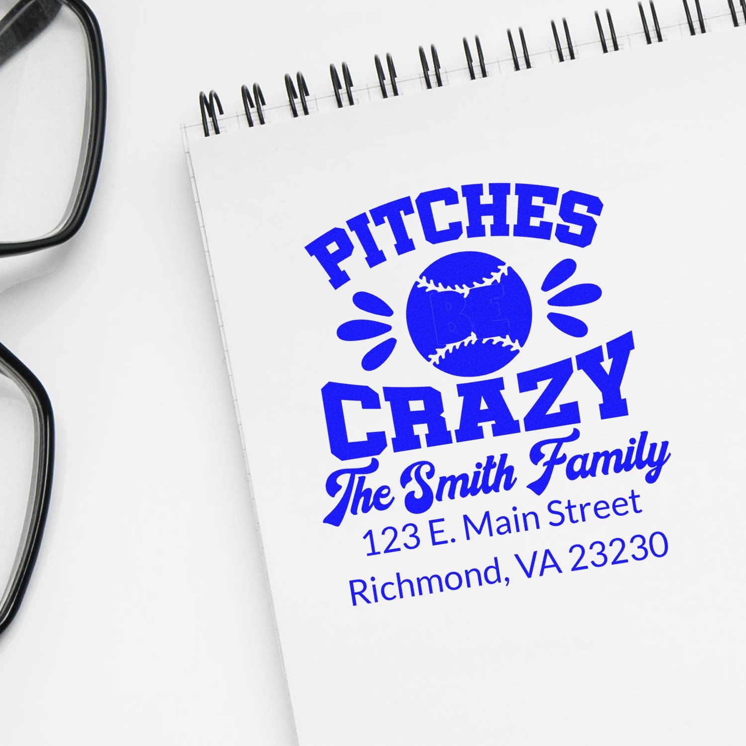 Custom baseball return address rubber stamp for The Smith Family with Pitches Crazy design and Richmond, VA address.