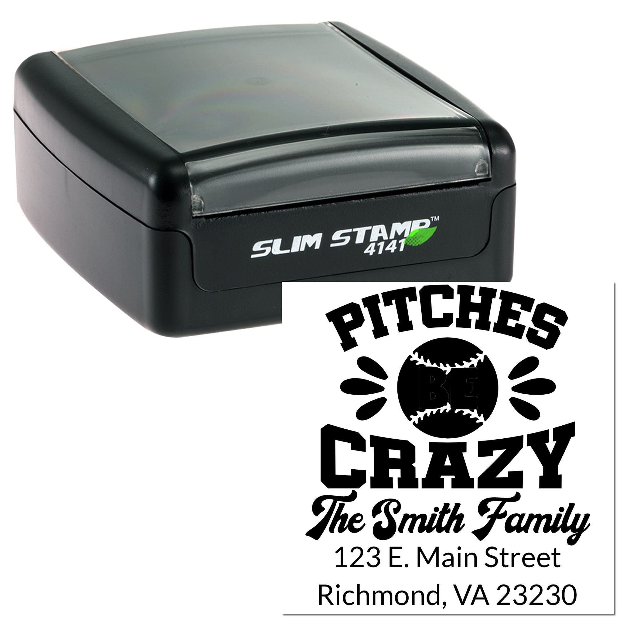Slim Stamp 4141 custom self-inking return address stamp with baseball-themed family design.