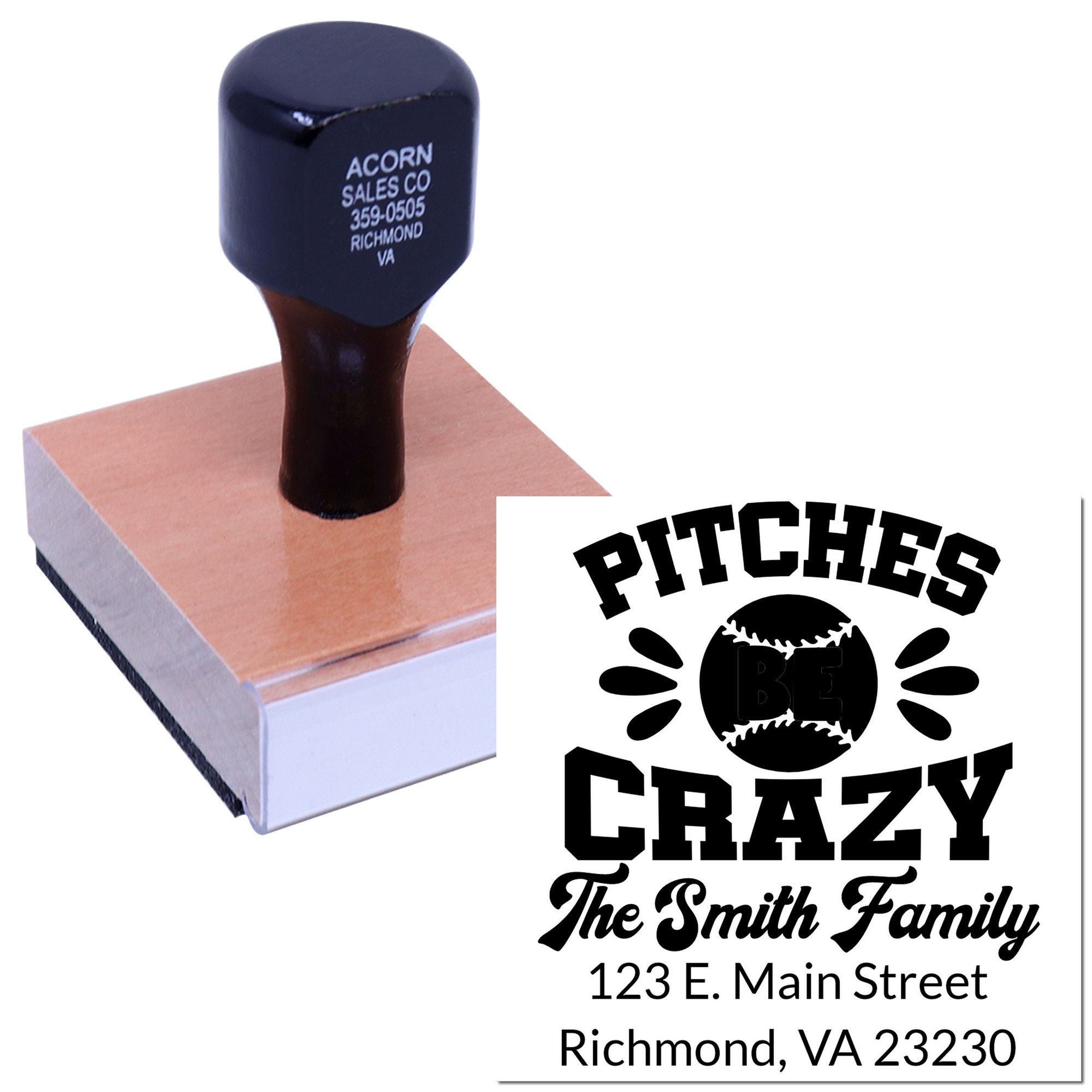 Custom baseball-themed address rubber stamp with Pitches Be Crazy family name and Richmond, VA address.