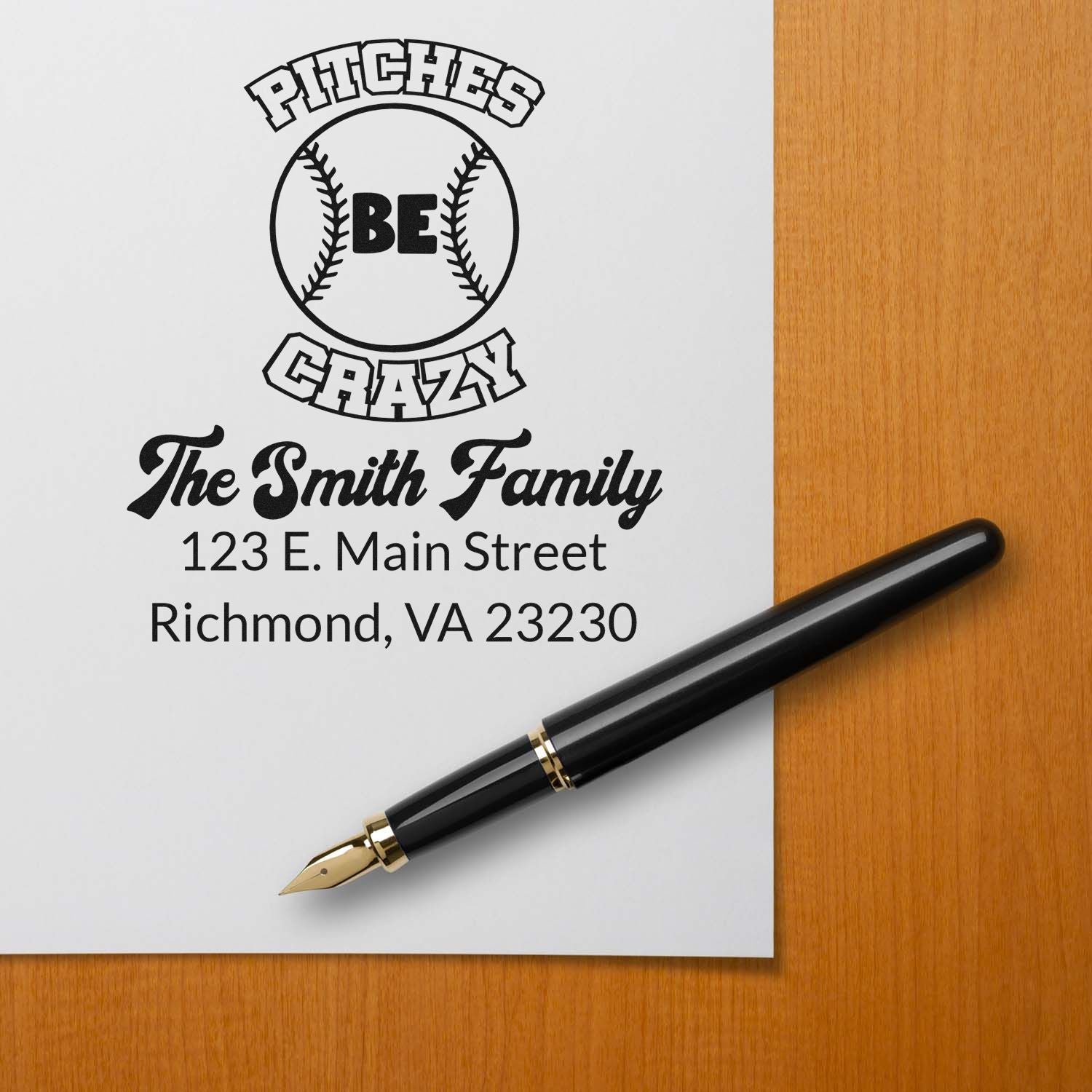 Custom baseball-themed address rubber stamp mockup for The Smith Family with Pitches Be Crazy design and return address.
