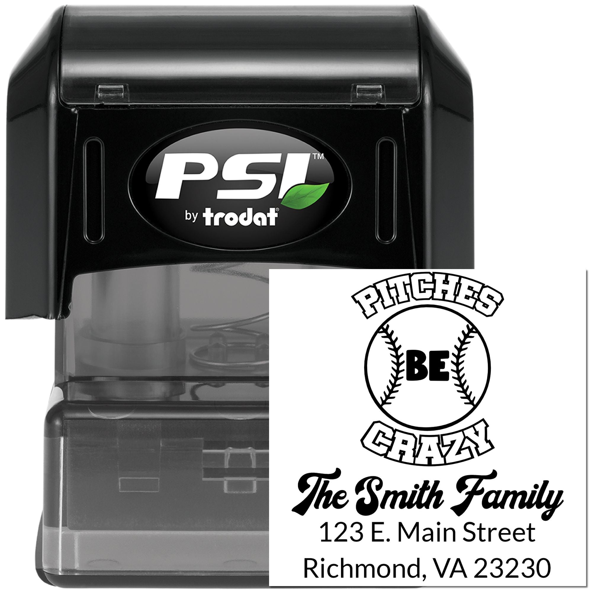 Custom self-inking return address rubber stamp by PSI Trodat with baseball-themed family imprint and mailing address.