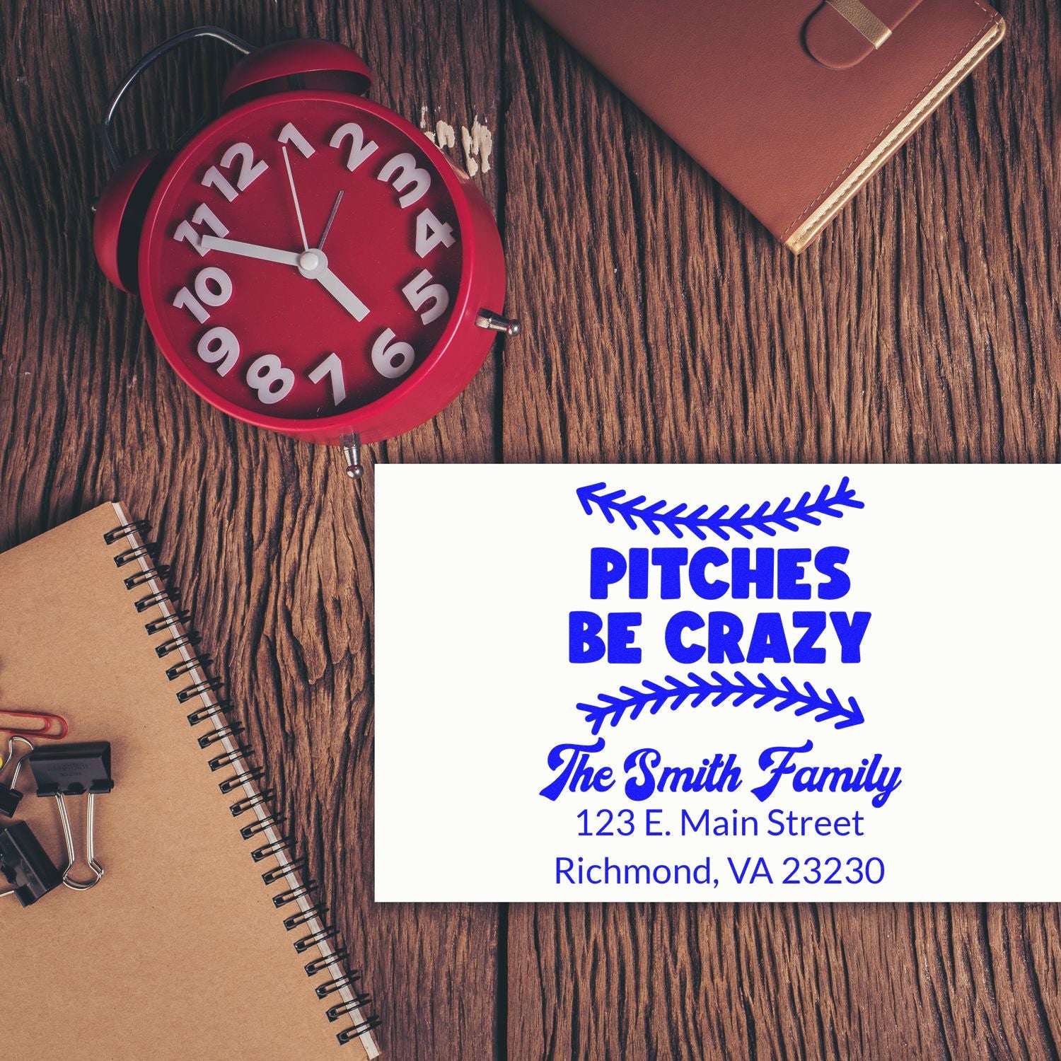 Custom return address rubber stamp for The Smith Family with Pitches Be Crazy design, Richmond, VA