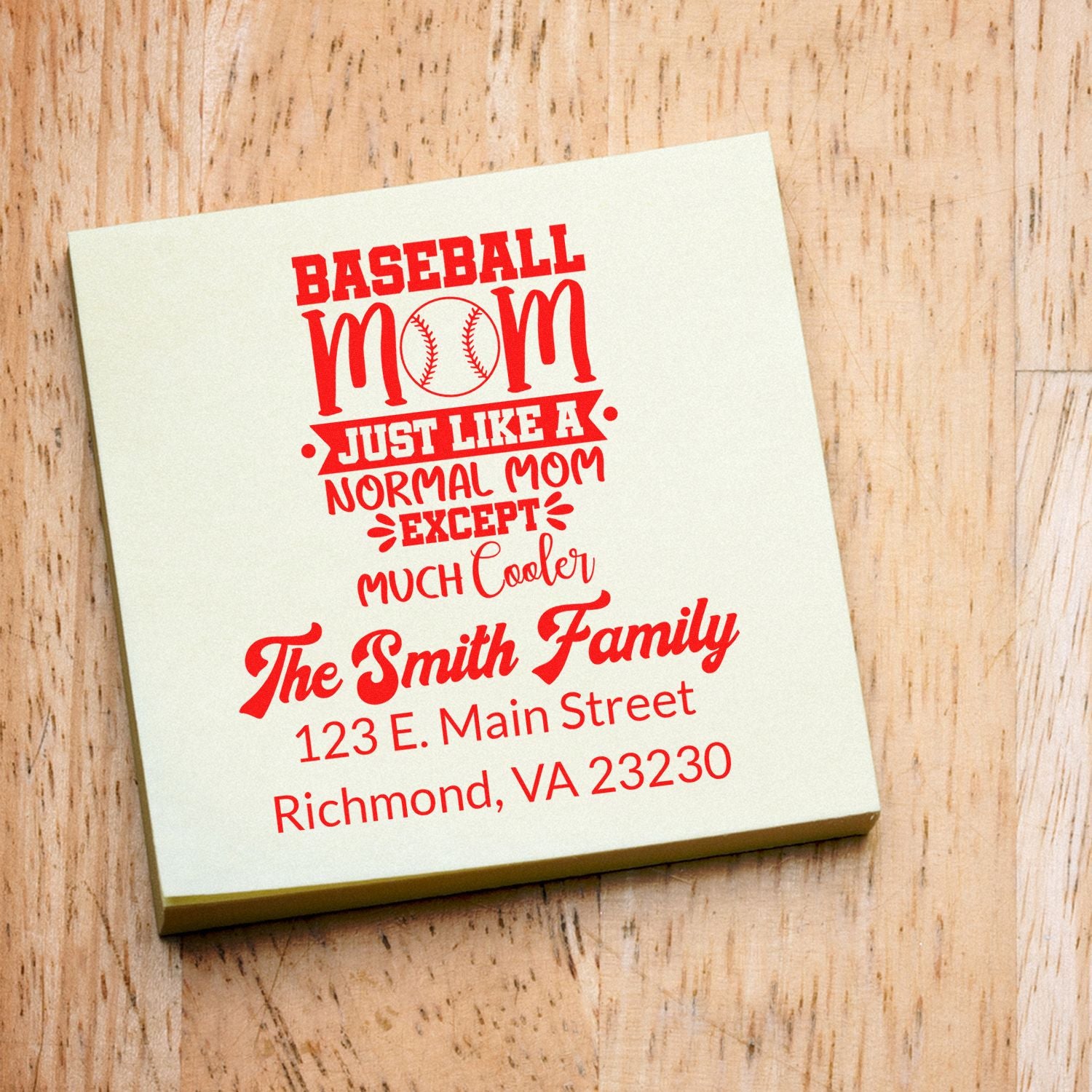 Custom baseball mom rubber stamp with family name and address for personalized stationery and mailings.