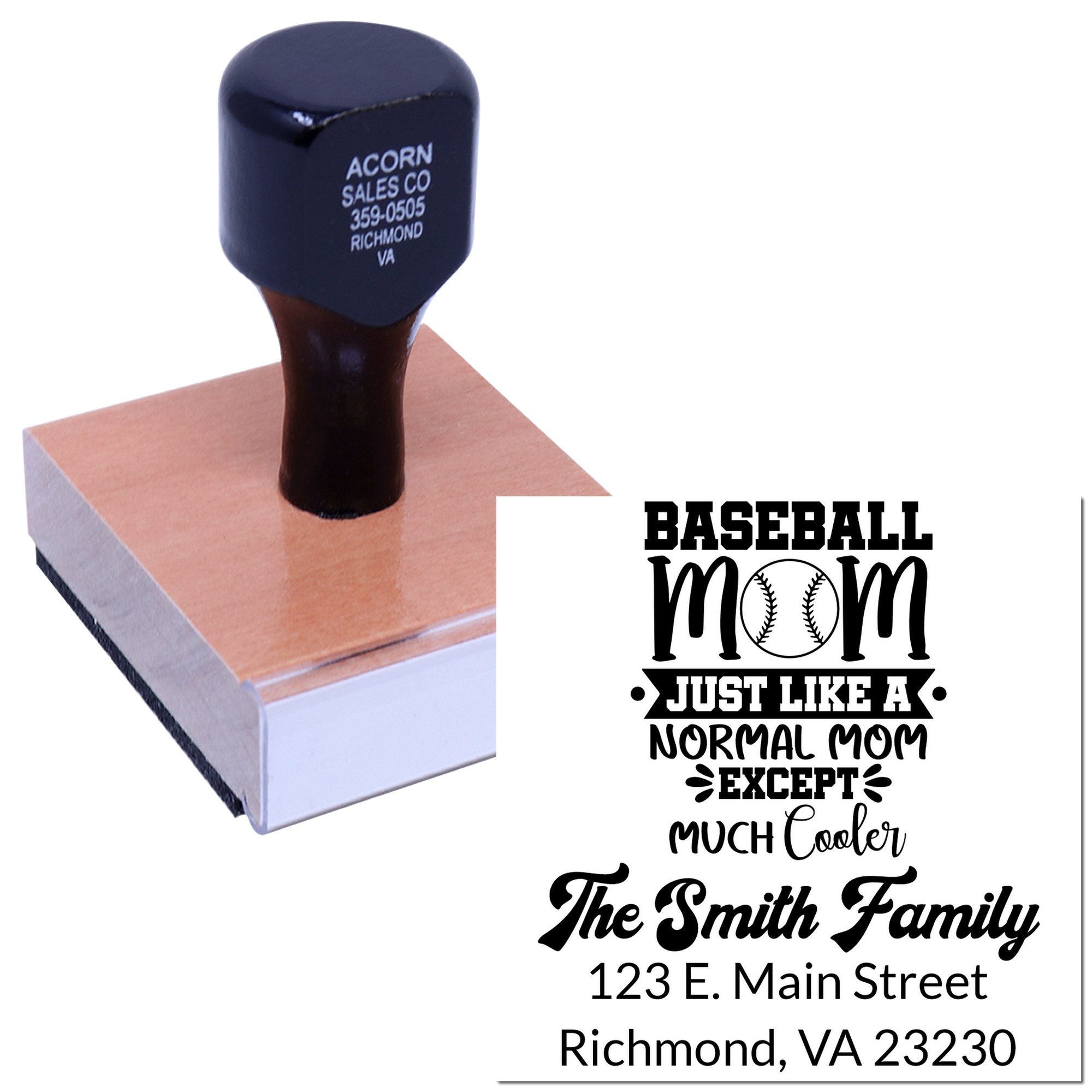 Custom baseball mom rubber stamp with family name and address, ideal for personalized crafts, cards, and mail.