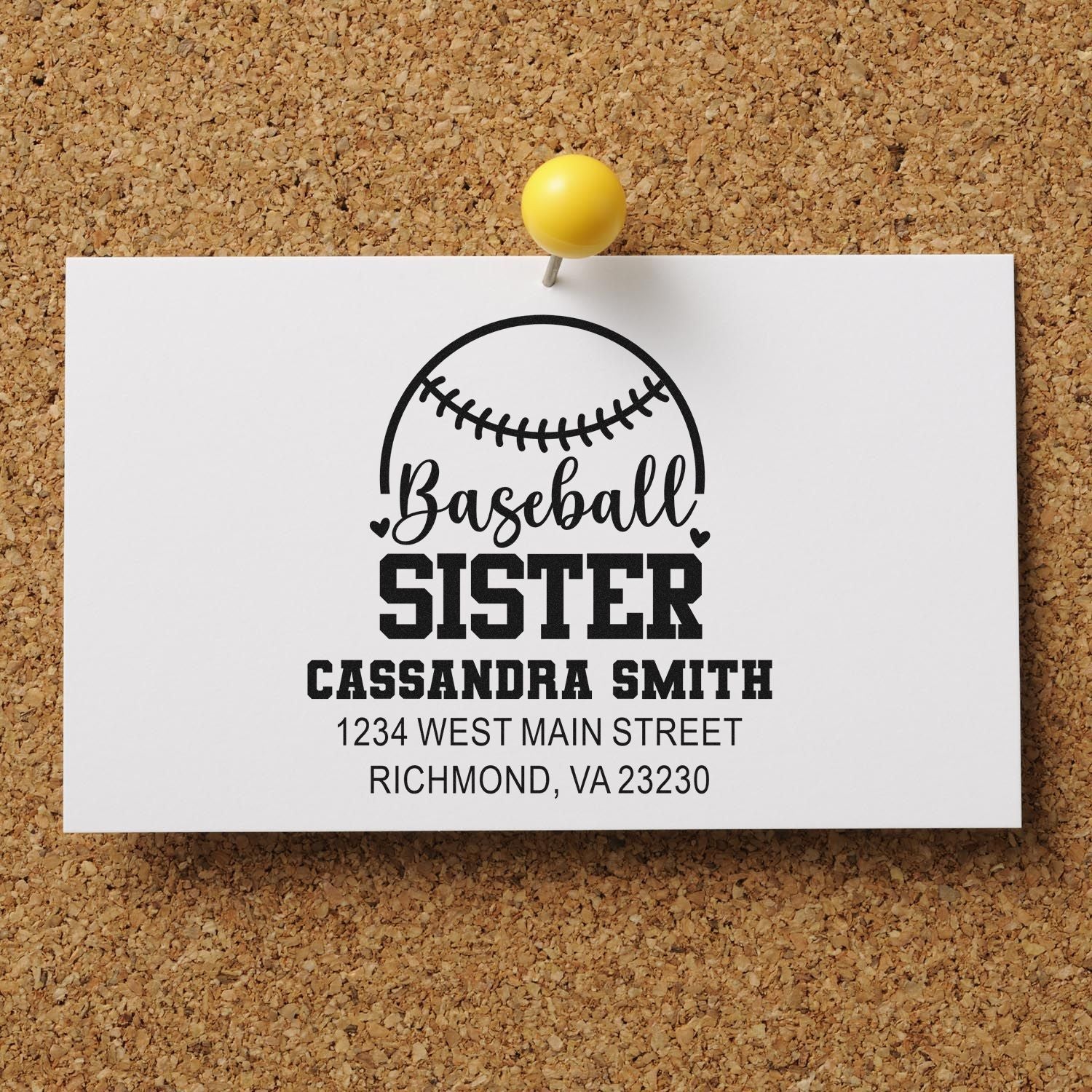 Personalized baseball sister address rubber stamp with custom name and address for sports-themed stationery and gift packaging.
