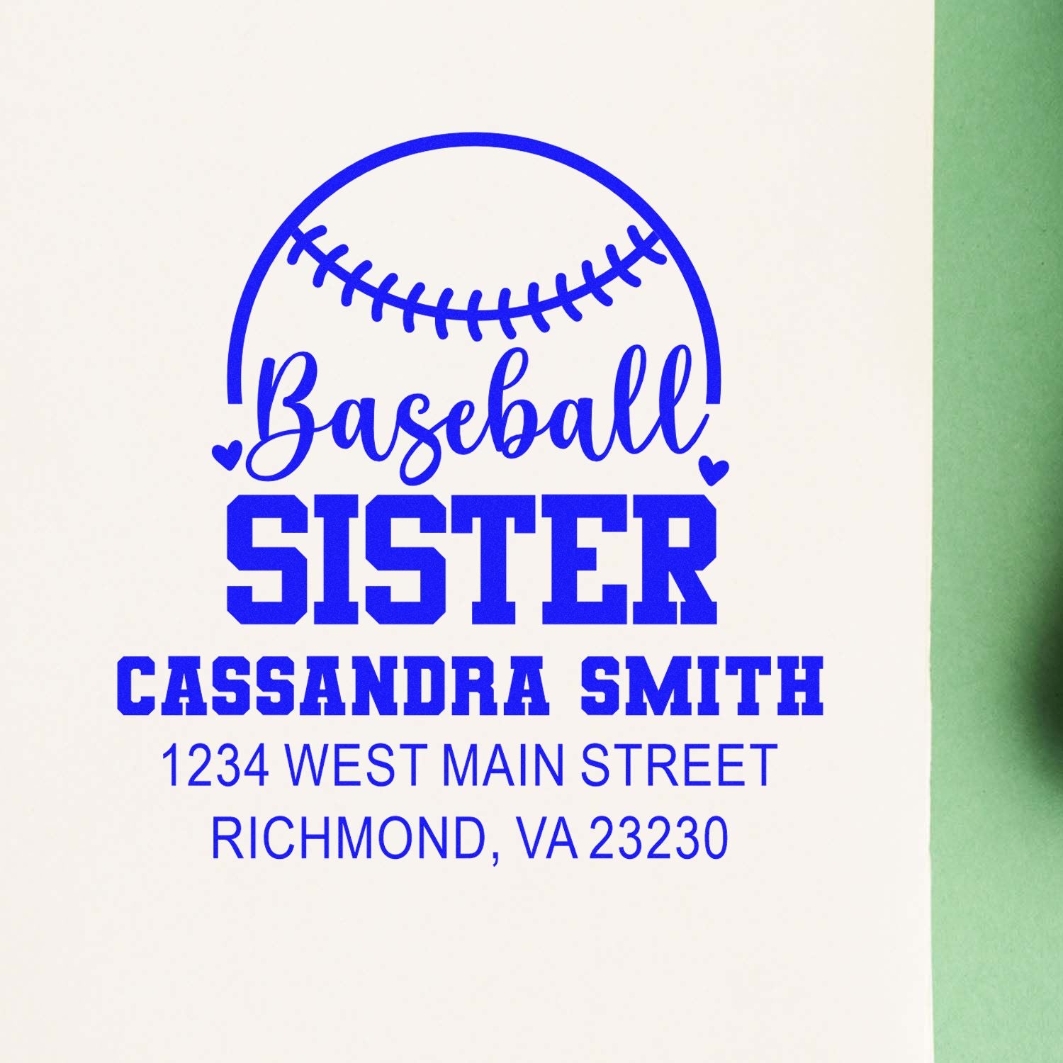 Custom baseball sister rubber stamp design with name, address, and baseball graphic for Cassandra Smith in Richmond, VA.