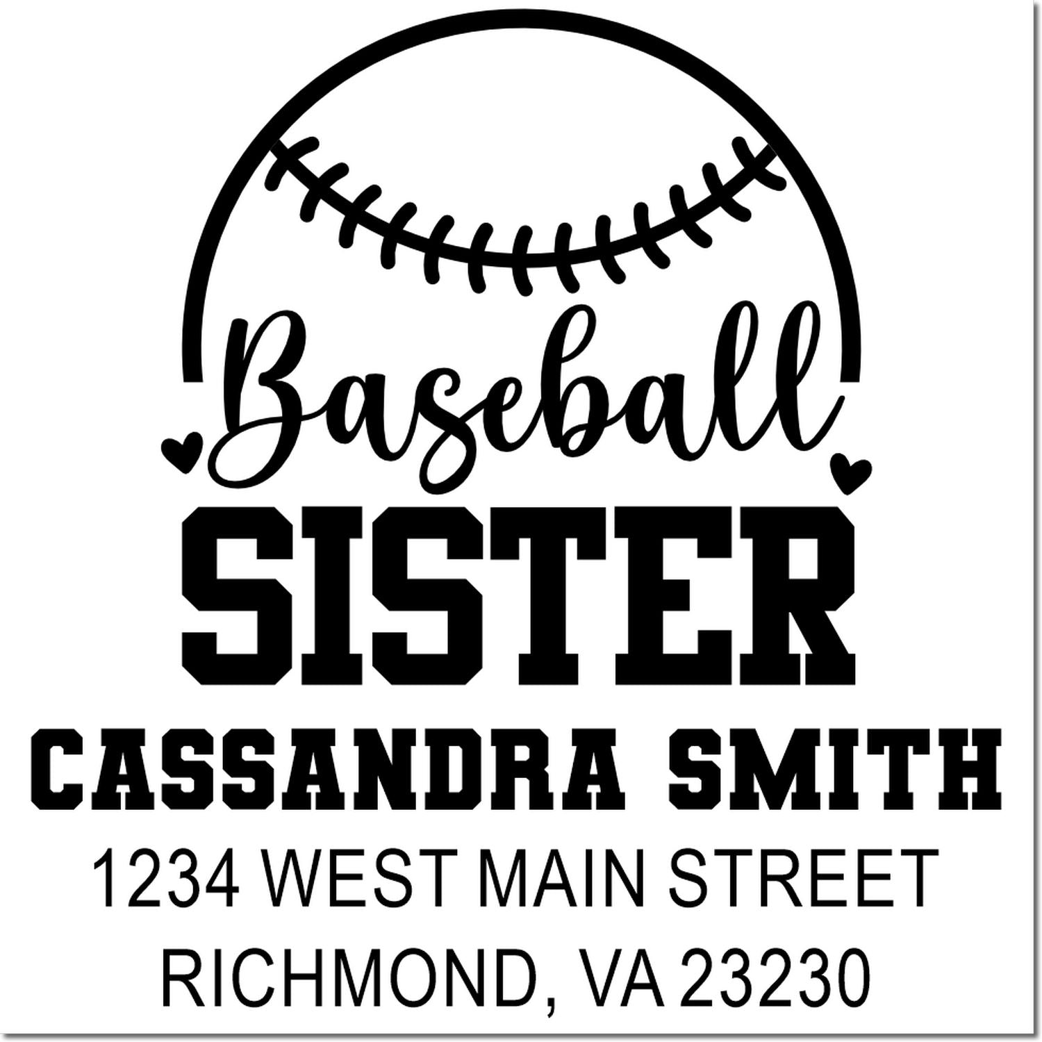 Custom baseball sister return address rubber stamp with name and Richmond, VA address for personalized mail and gifts