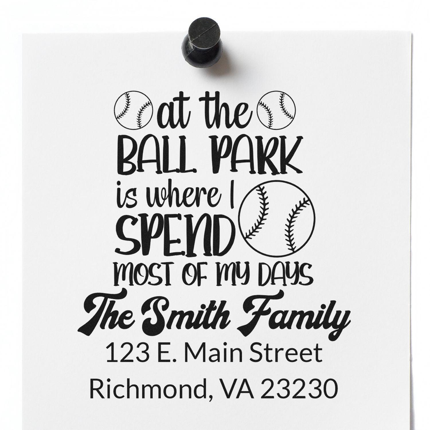 Custom baseball address rubber stamp for The Smith Family, with quote and Richmond, VA mailing address.