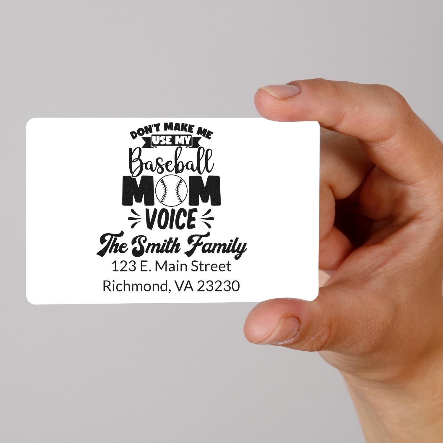 Custom baseball mom rubber stamp with Dont make me use my baseball mom voice and personalized return address