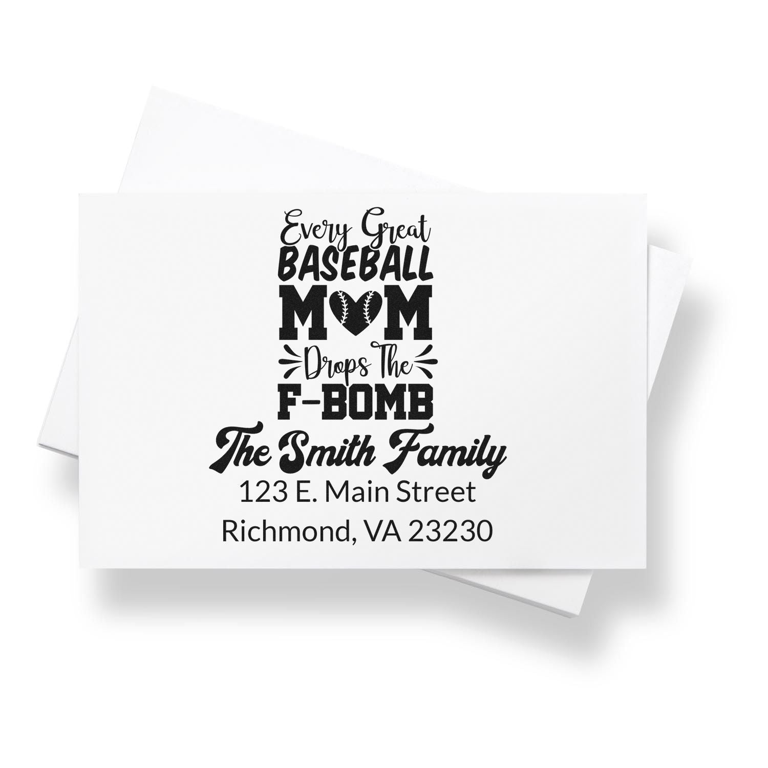 Custom baseball mom rubber stamp with funny return address design, personalized family name, and home address.