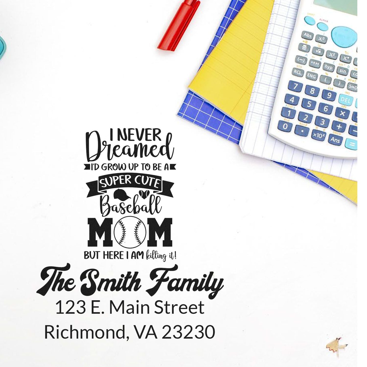 Custom rubber stamp designs with personalized family name, address, and baseball mom stamp examples
