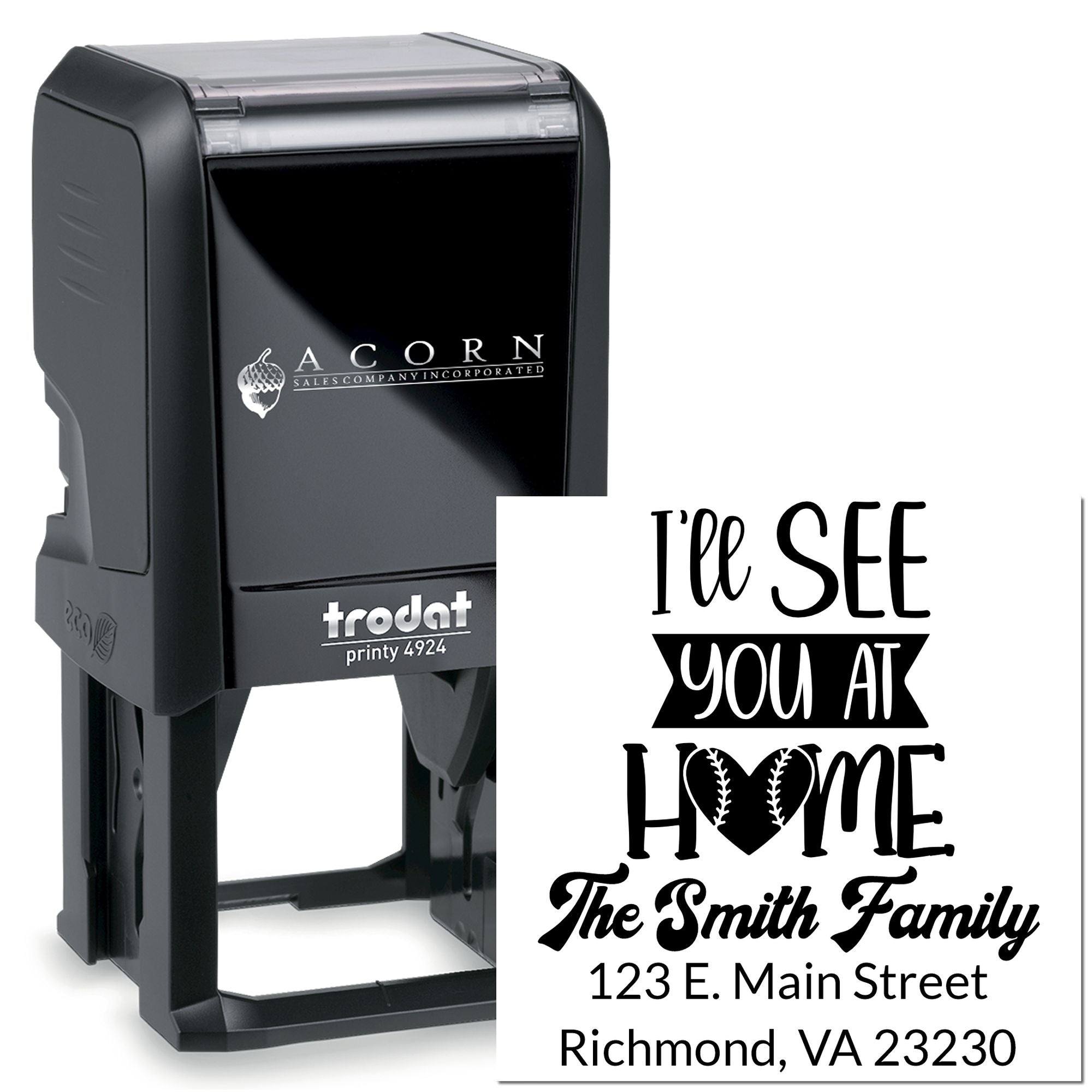 Custom self-inking rubber stamp with Ill See You at Home family address design, ideal for personalized mail and gifts.