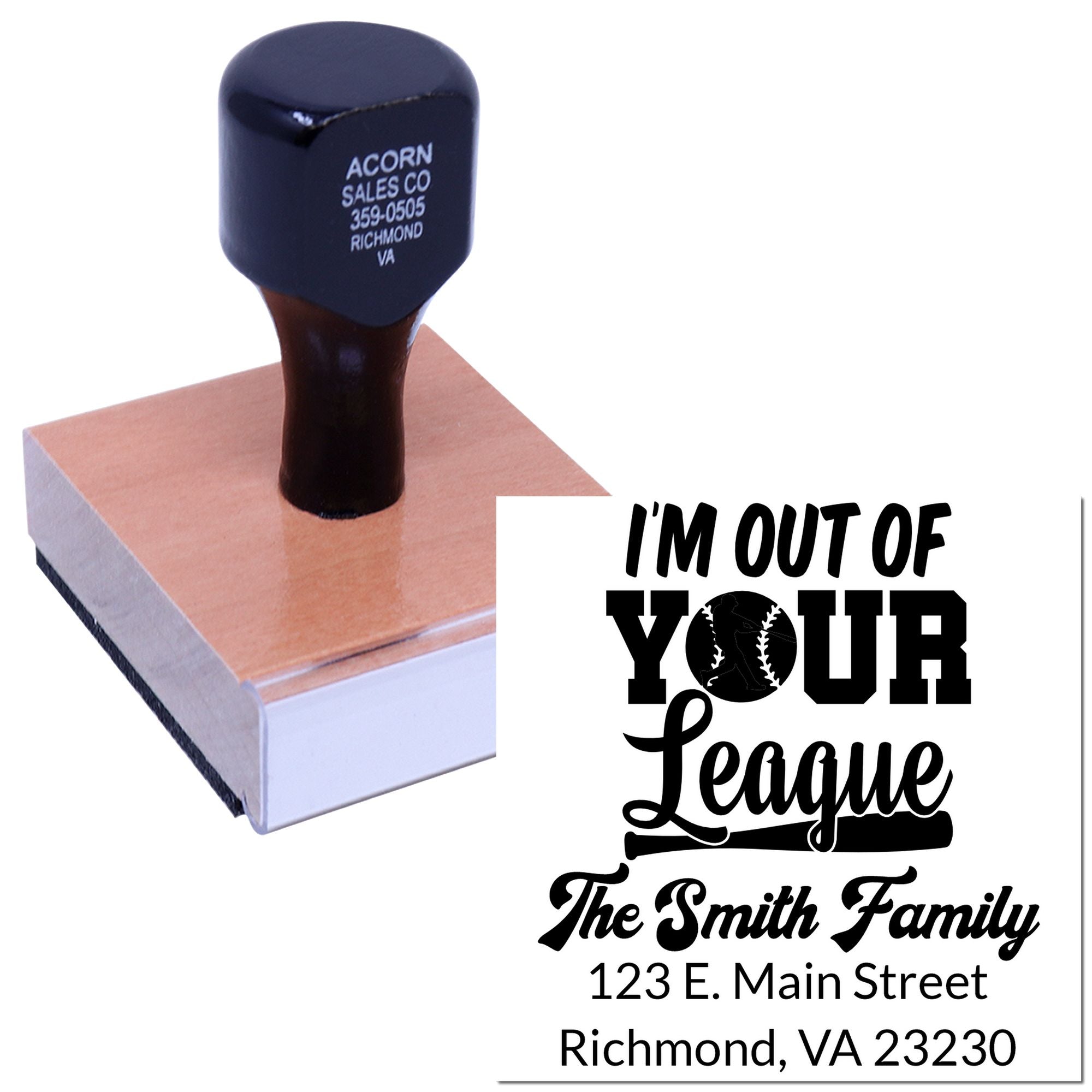 Custom personalized baseball rubber stamp for The Smith Family, featuring address and Im out of your league design.
