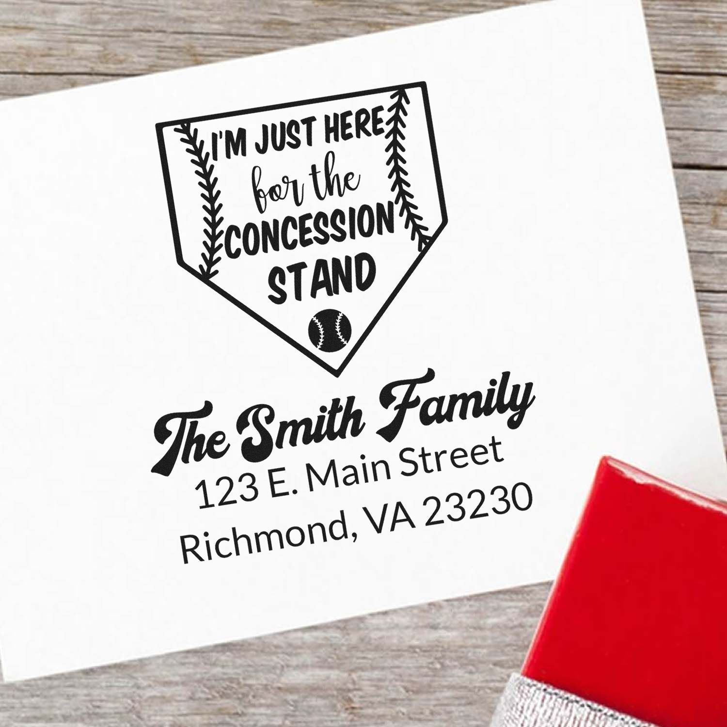 Custom baseball rubber stamp with Im just here for the concession stand home plate design and personalized return address.