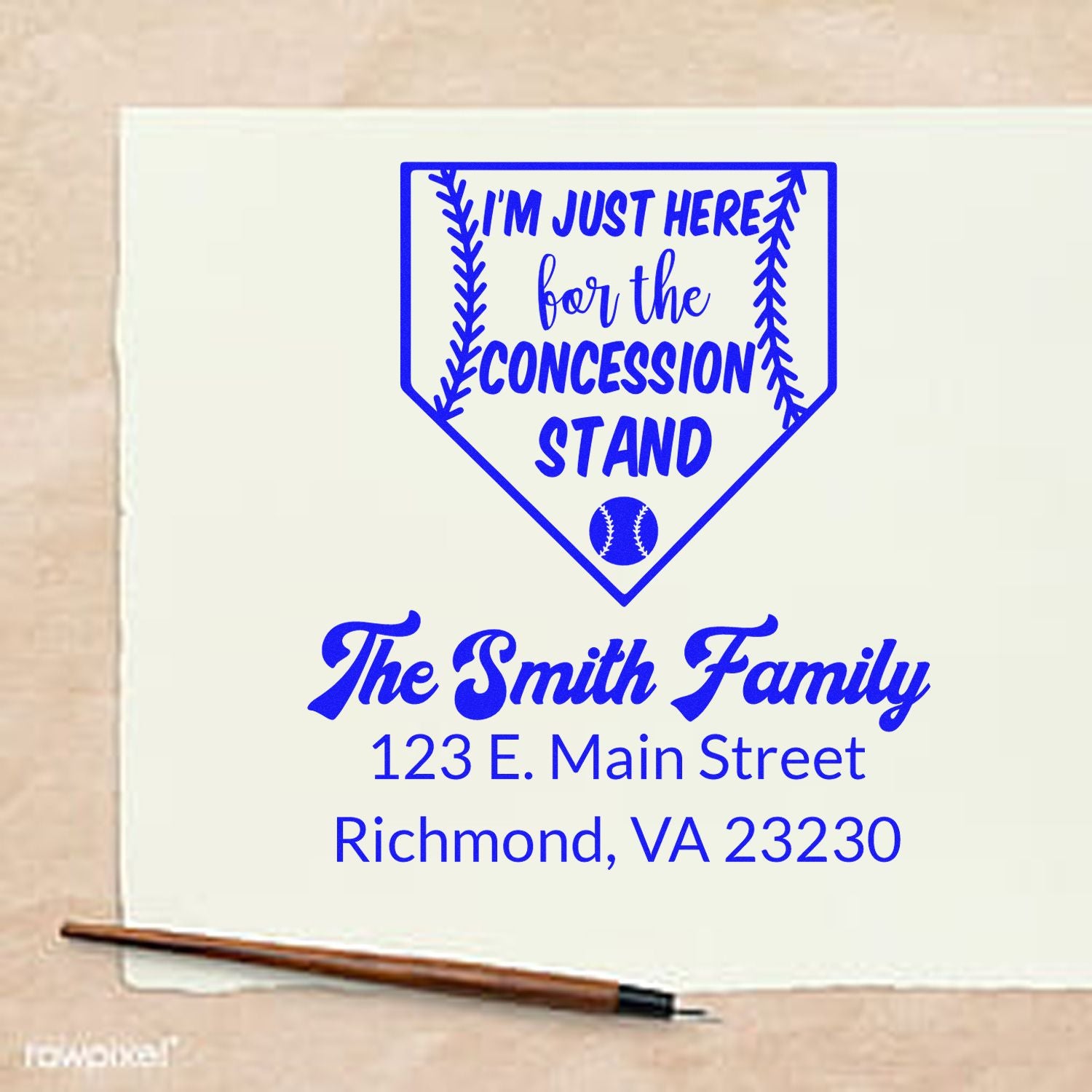 Personalized baseball concession stand rubber stamp with family name and address, featuring Im just here for the concession stand.