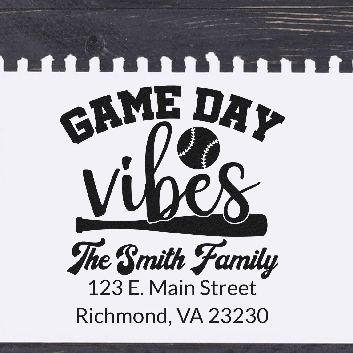 Custom game day vibes rubber stamp with baseball design, The Smith Family, and return address in Richmond, VA.