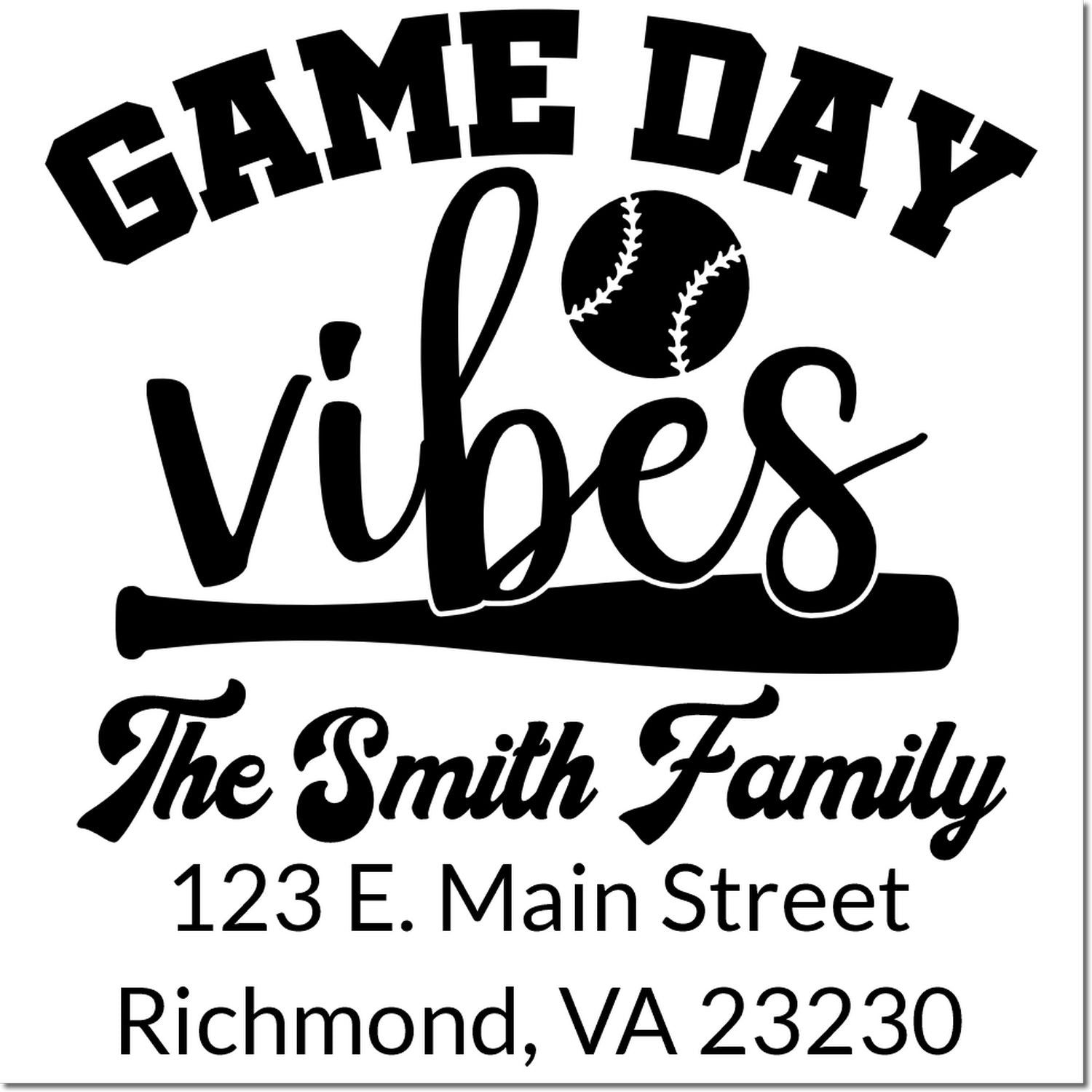 Personalized baseball Game Day return address rubber stamp for The Smith Family, with custom name and address.