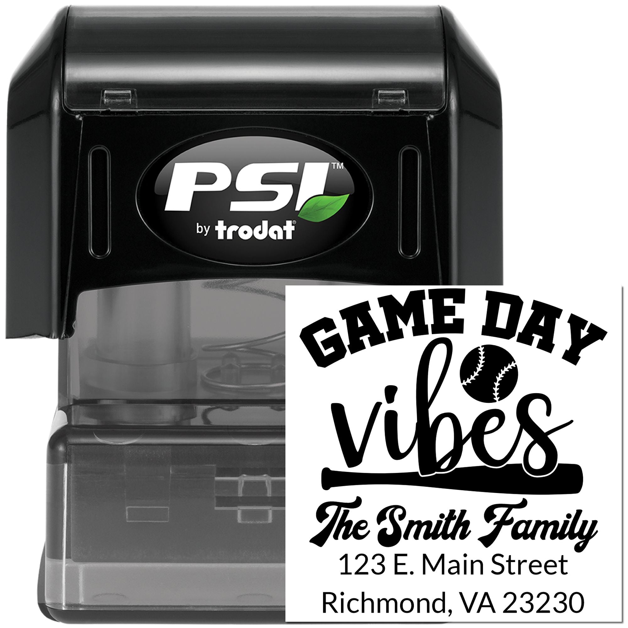 PSI by Trodat self-inking custom rubber stamp with sports-themed Game Day Vibes family address design and baseball icon.