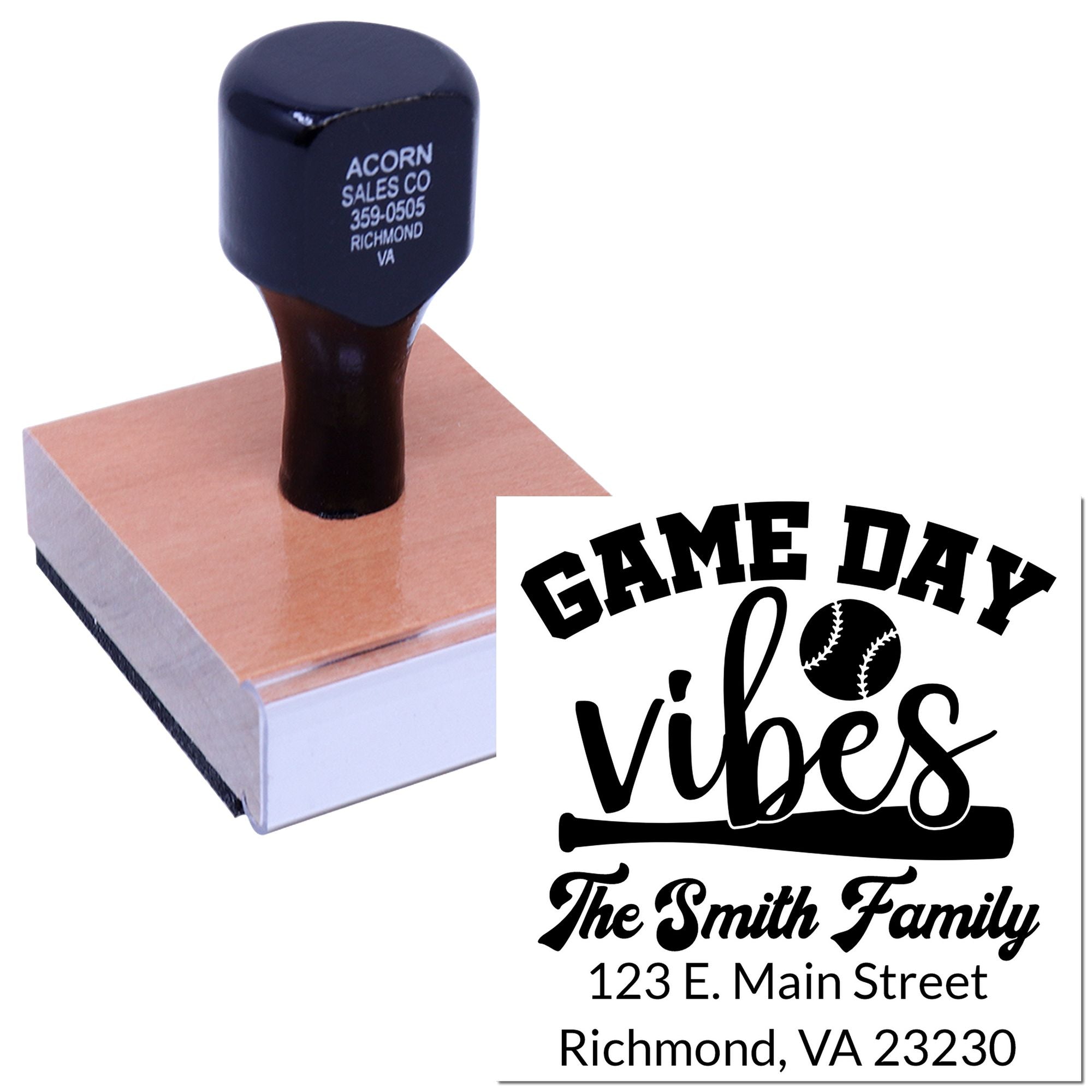 Custom rubber stamp for personalized family address with Game Day Vibes design and Richmond, VA return address.