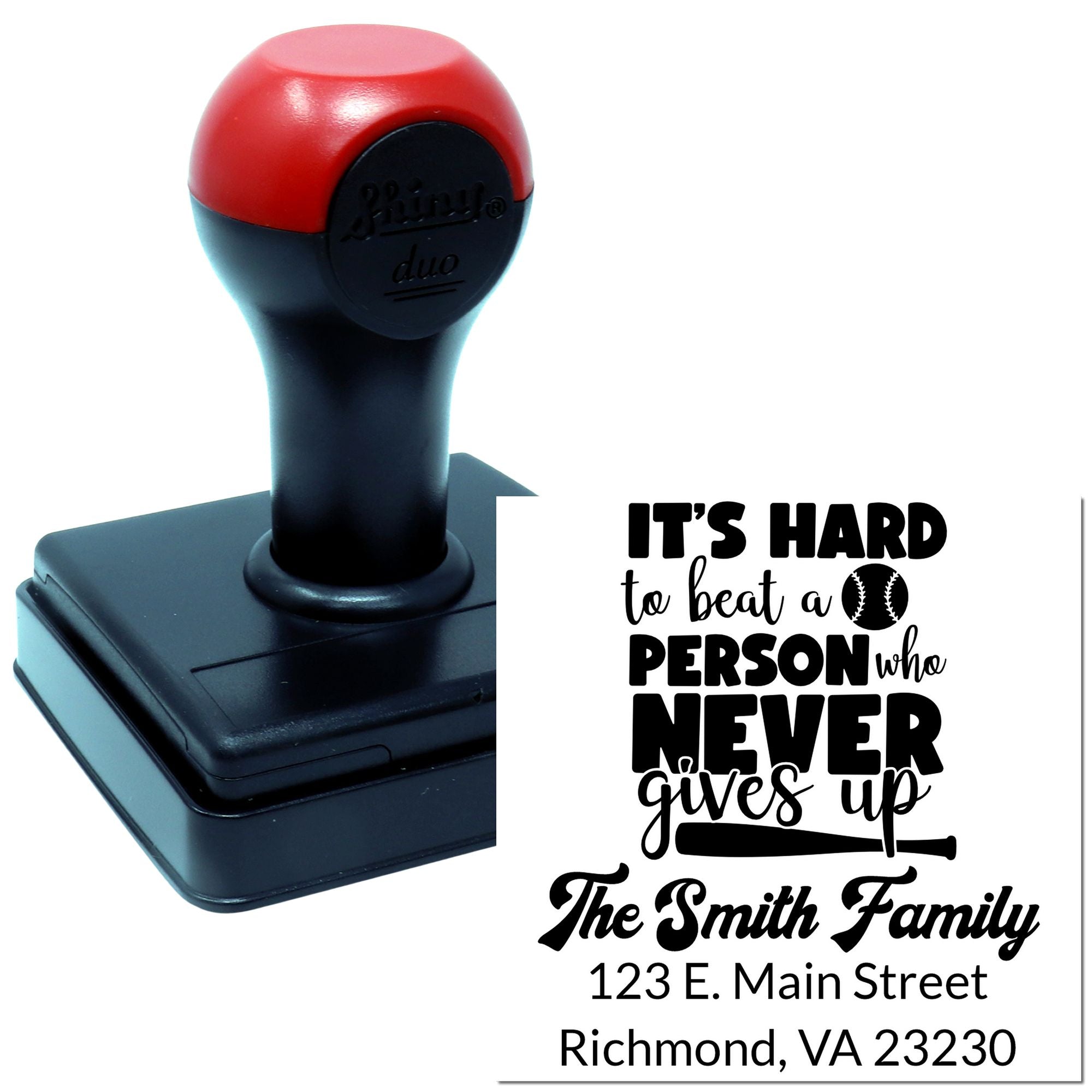 Custom self-inking rubber stamp with baseball quote, Smith family name, and Richmond, VA return address.