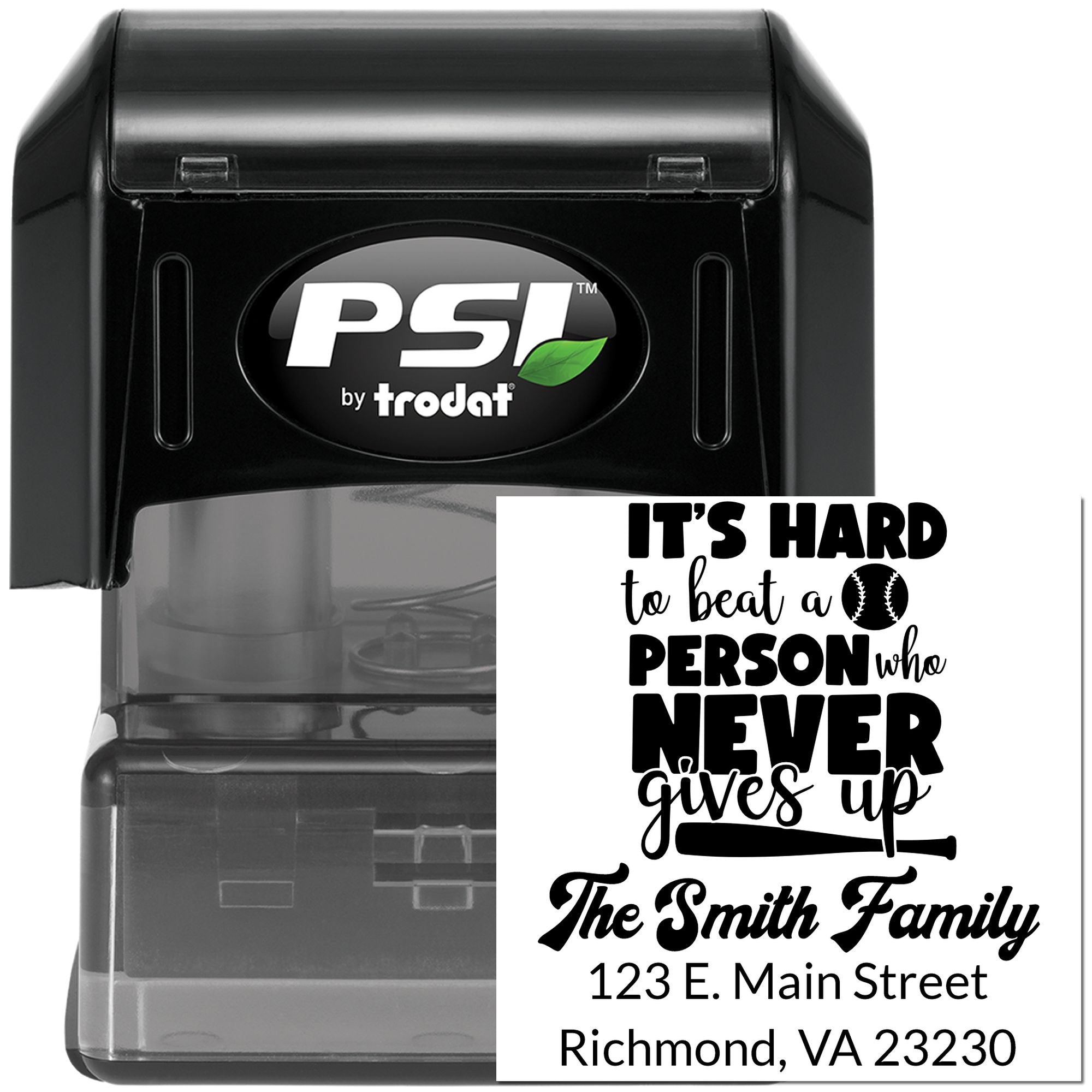 Custom self-inking address stamp featuring baseball quote, family name, and address; personalized PSI by Trodat rubber stamp.
