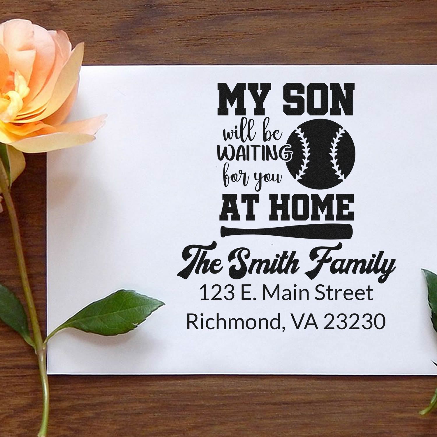 Personalized baseball return address rubber stamp for The Smith Family with My Son Will Be Waiting for You at Home design.