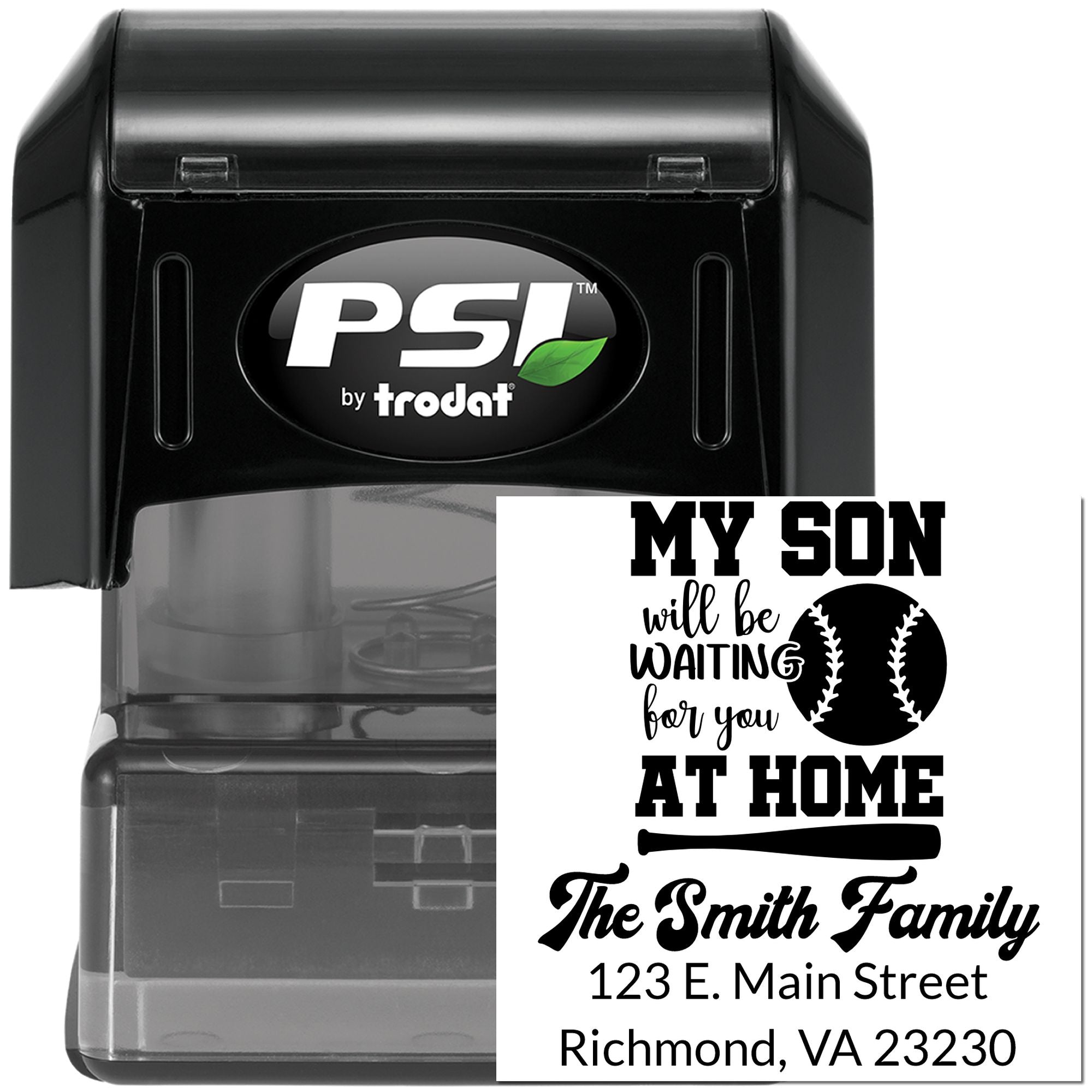 Personalized PSI Trodat self-inking rubber stamp with baseball-themed family address and custom My son will be waiting at home text.