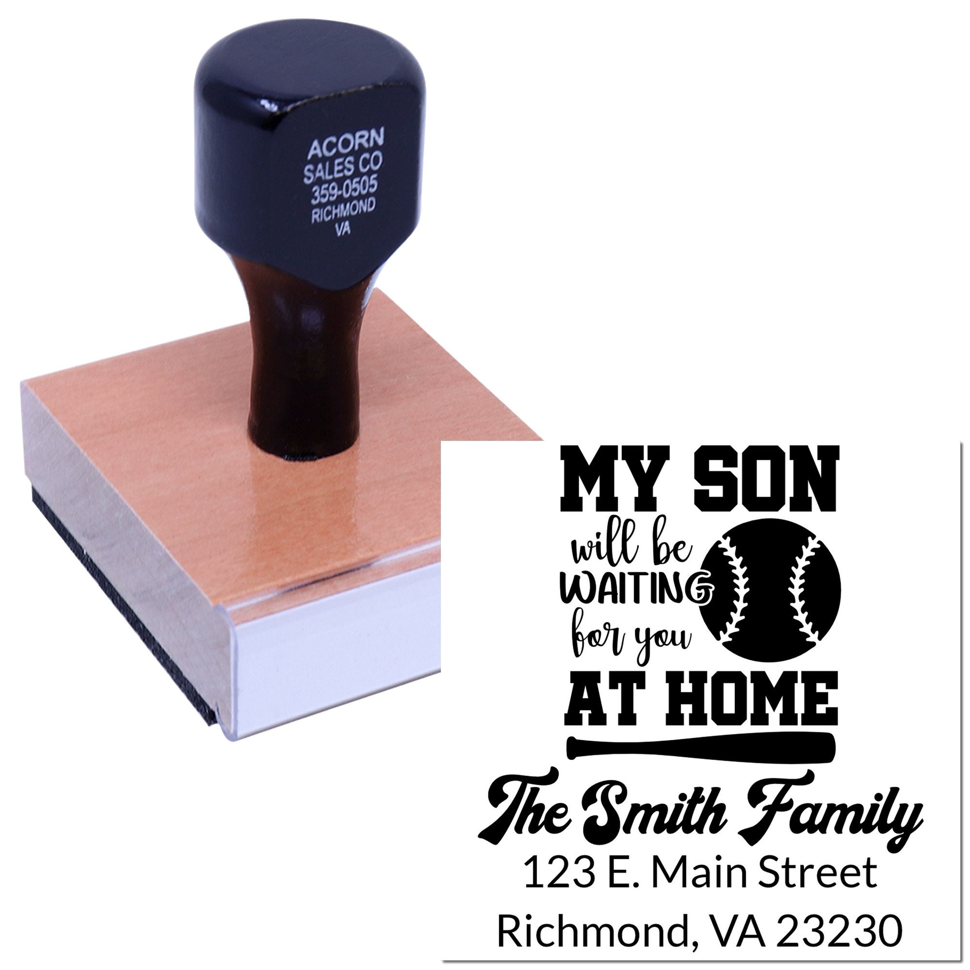 Personalized rubber stamp with baseball-themed family address design reading My son will be waiting for you at home.