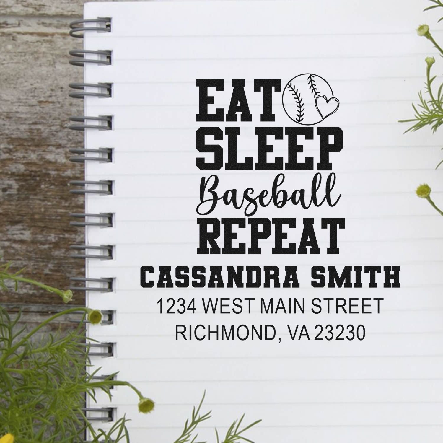 Custom baseball rubber stamp with Eat Sleep Baseball Repeat slogan, name, and return address for personalized stationery.