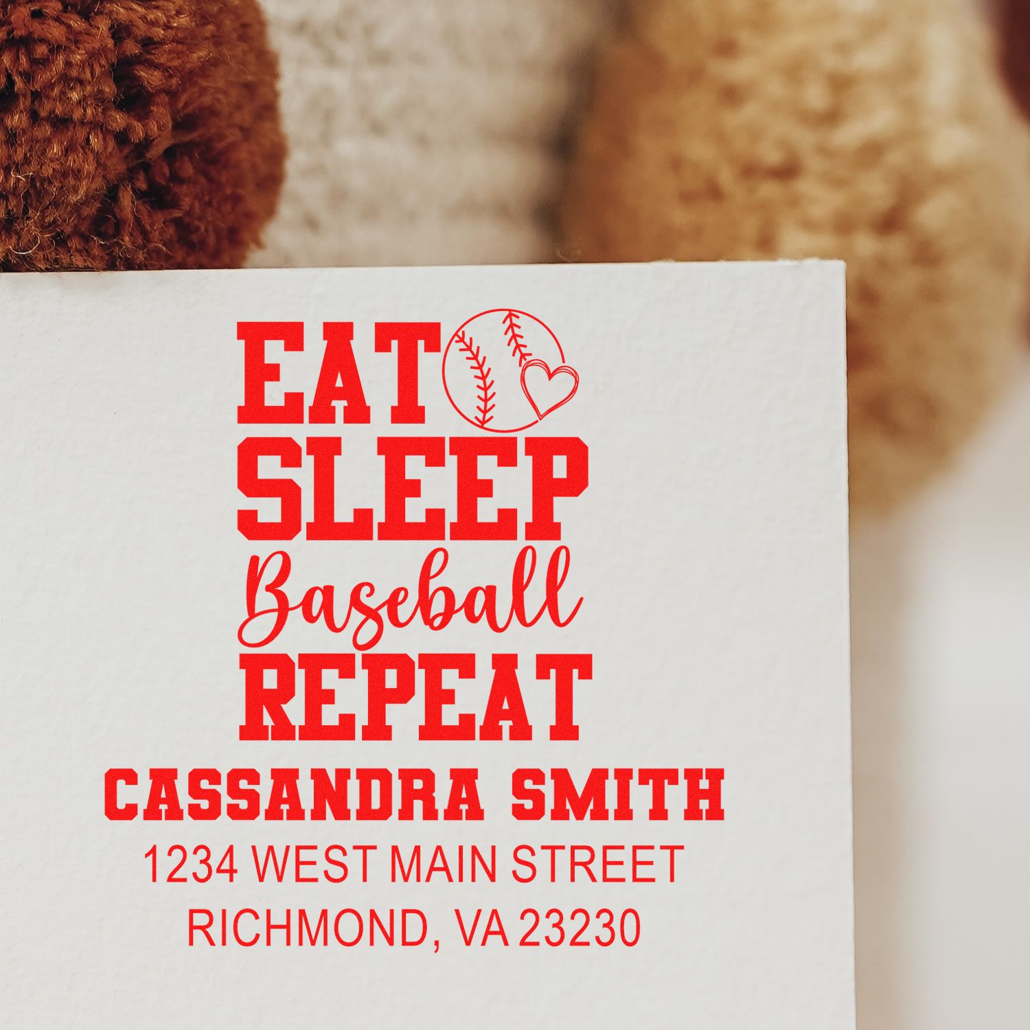 Custom baseball return address rubber stamp reading "Eat Sleep Baseball Repeat" for Cassandra Smith, Richmond, VA.