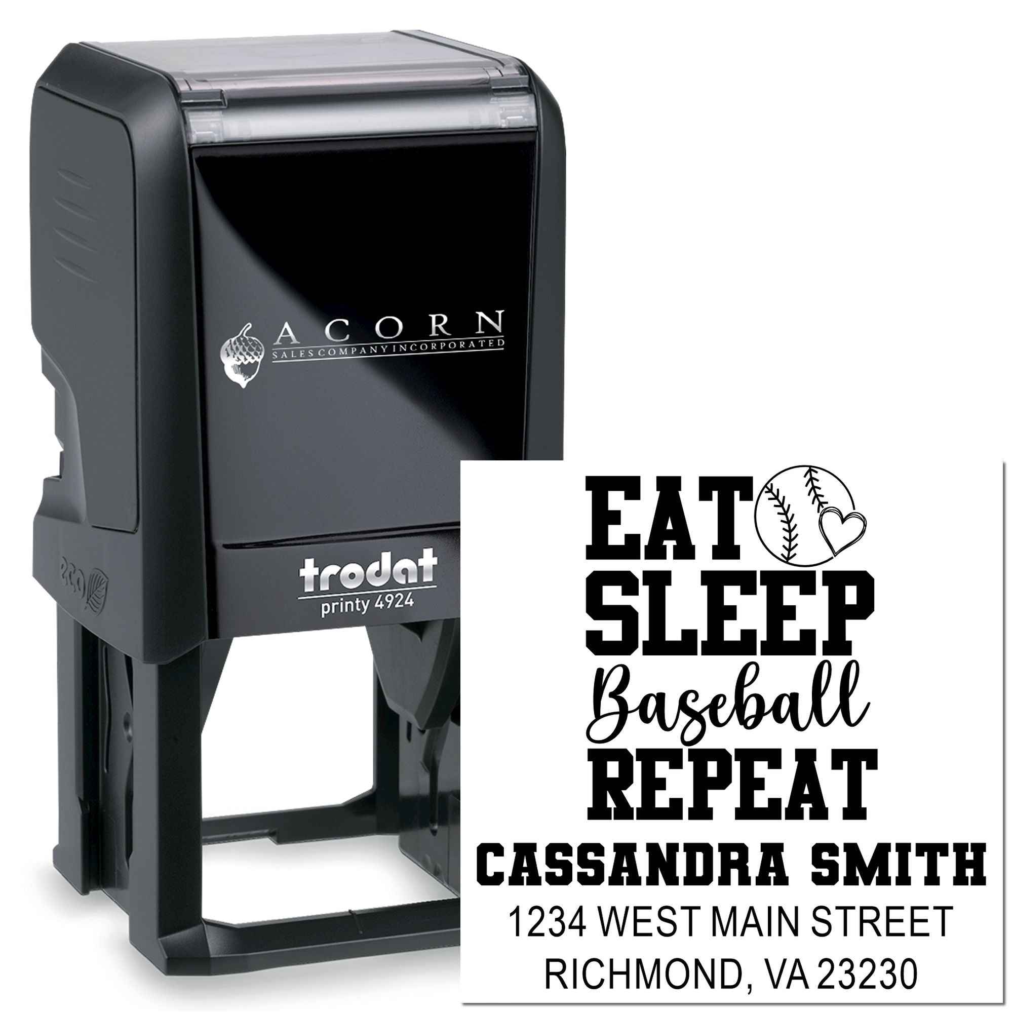 Custom self-inking rubber stamp with Eat Sleep Baseball Repeat and return address for personalized baseball-themed stationery.
