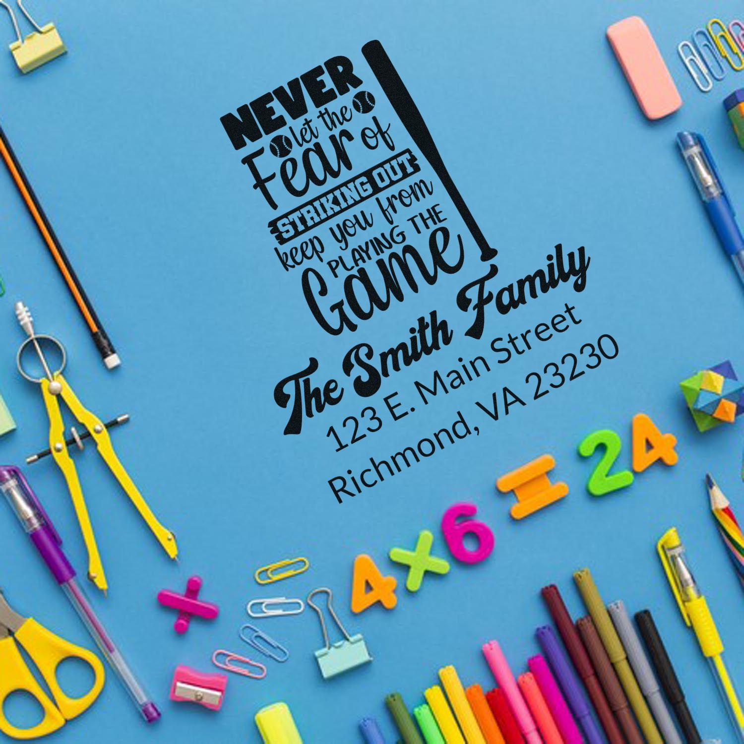 Custom baseball-themed return address rubber stamp with quote, The Smith Family address in Richmond, VA.