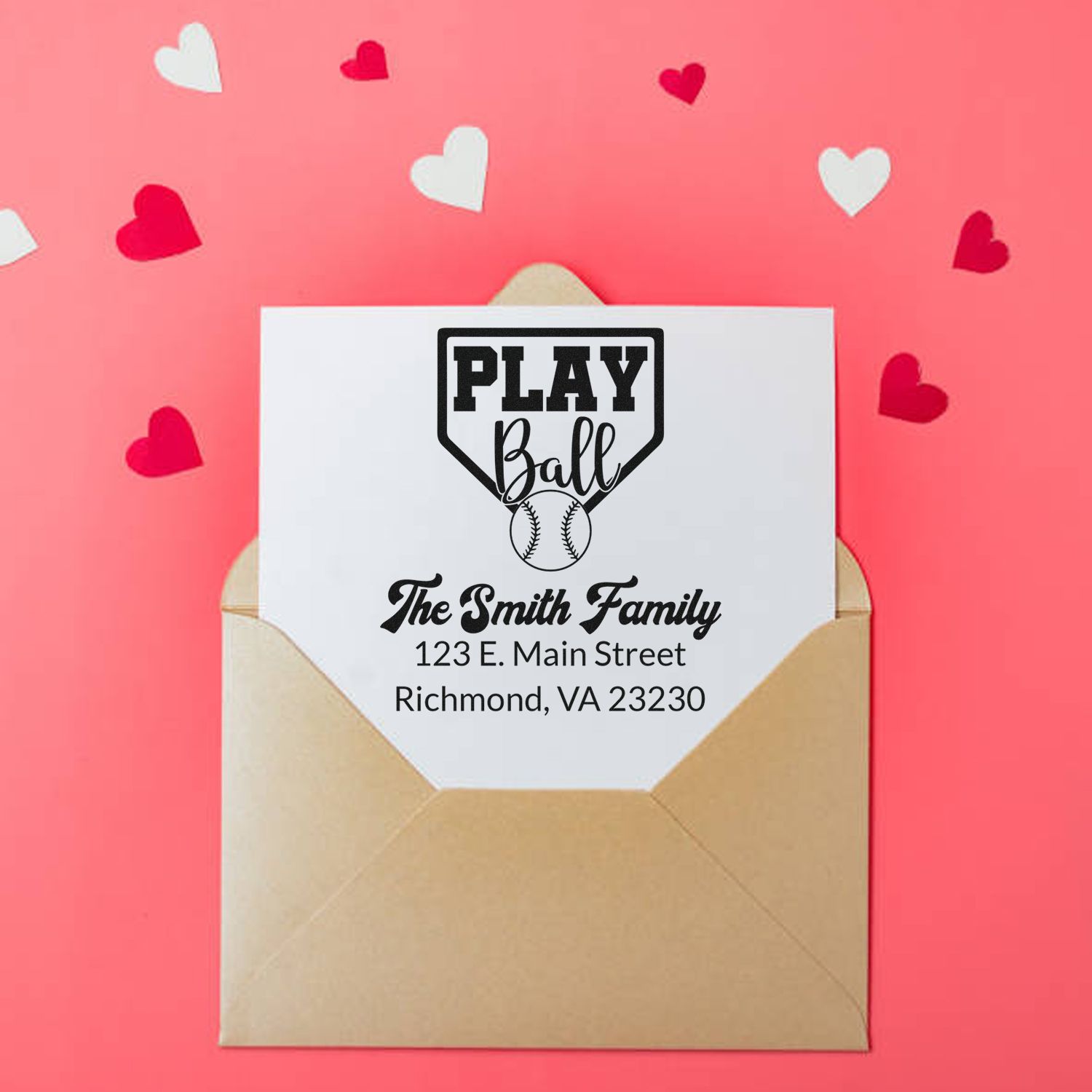 Baseball-themed custom return address rubber stamp with Play Ball design, family name, and address.