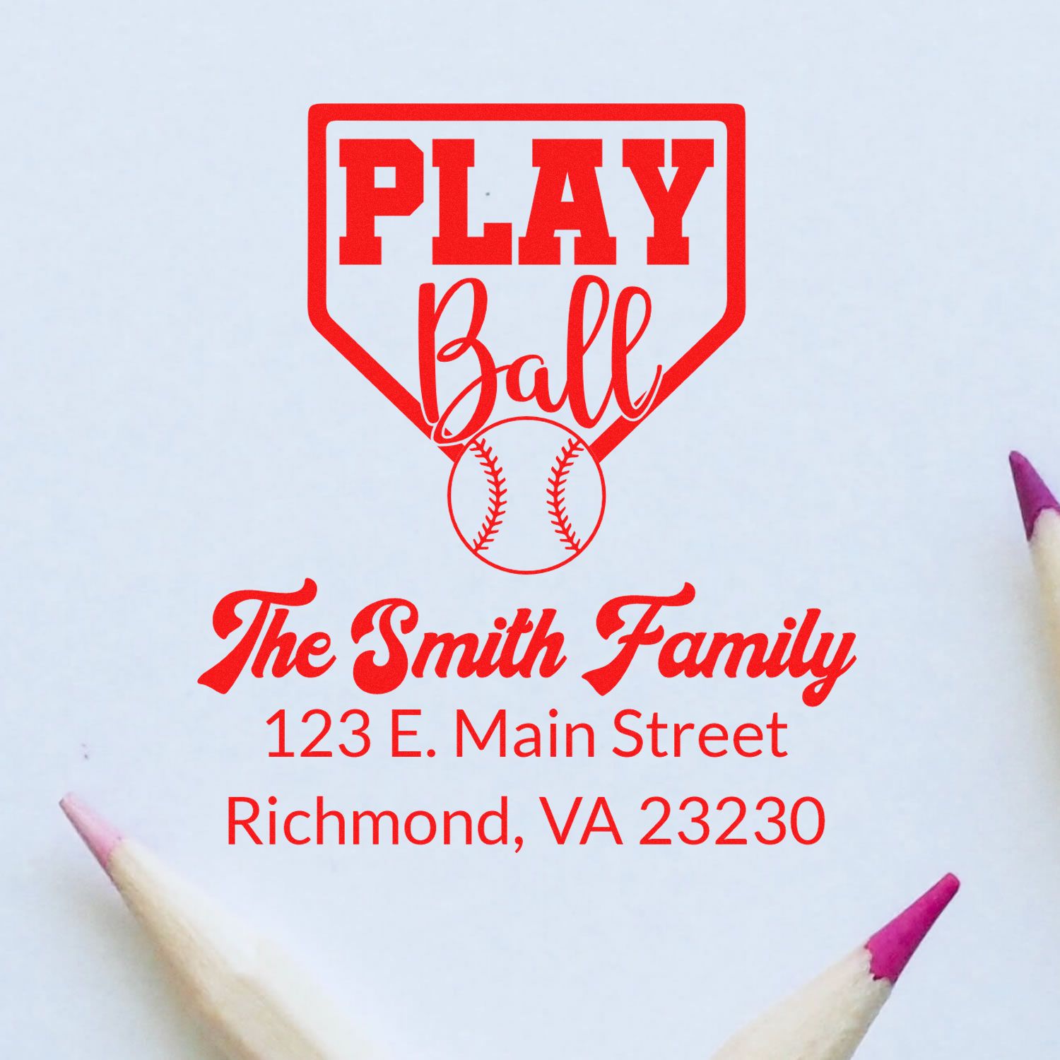 Personalized baseball return address rubber stamp with Play Ball design for The Smith Family, Richmond VA 23230.