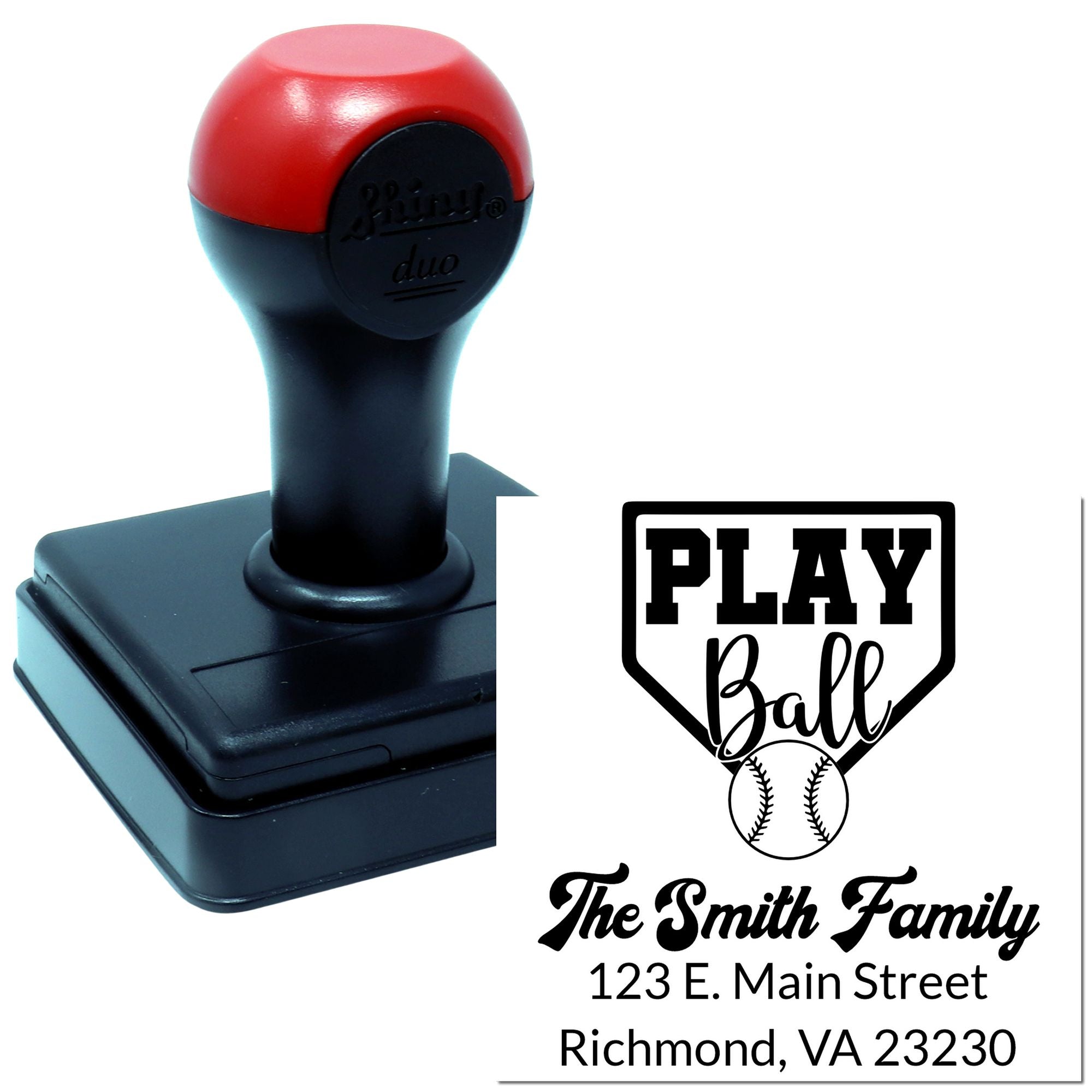 Custom baseball address rubber stamp with Play Ball design, family name, and home address.