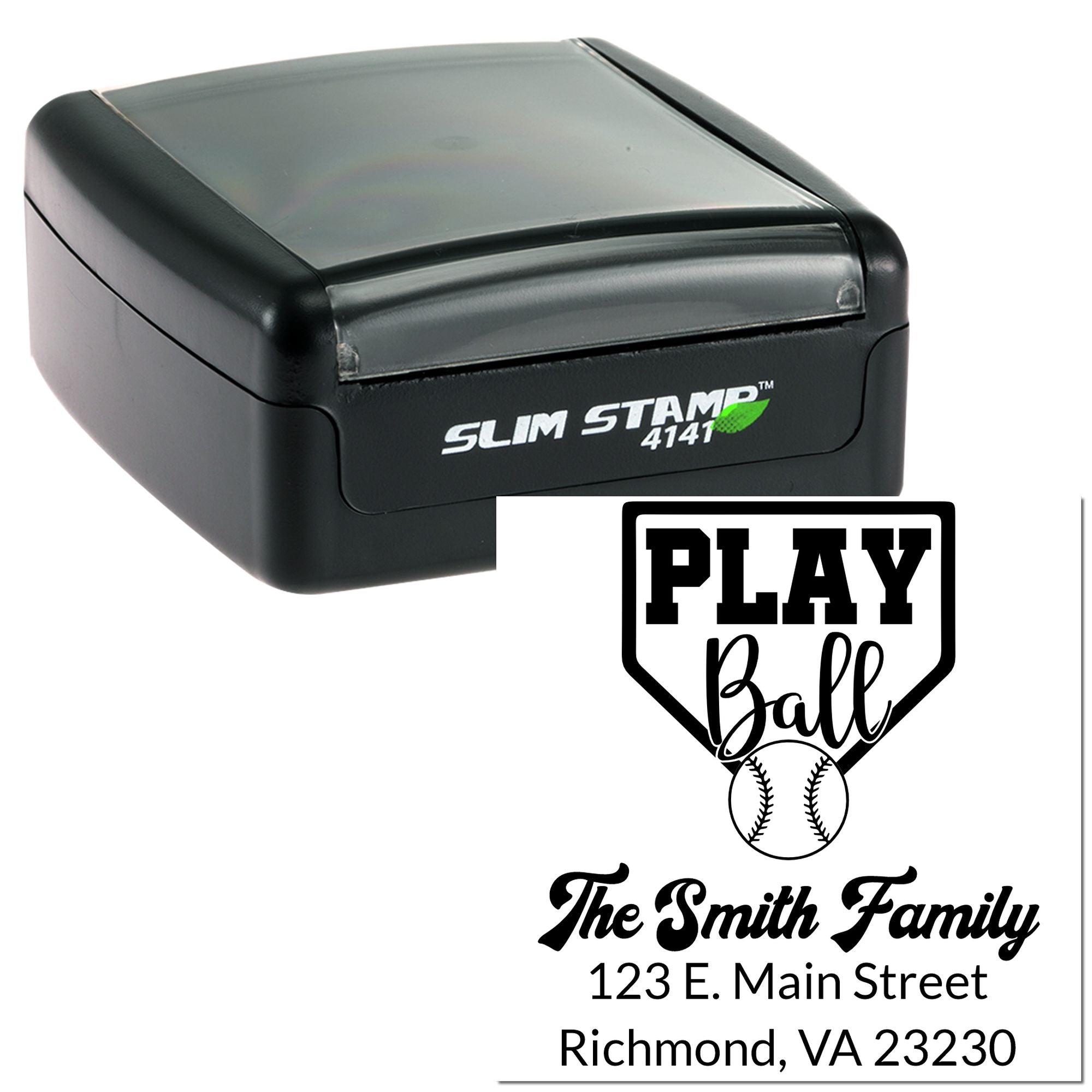 Custom self-inking rubber stamp with PLAY Ball baseball design and The Smith Family Richmond, VA address.
