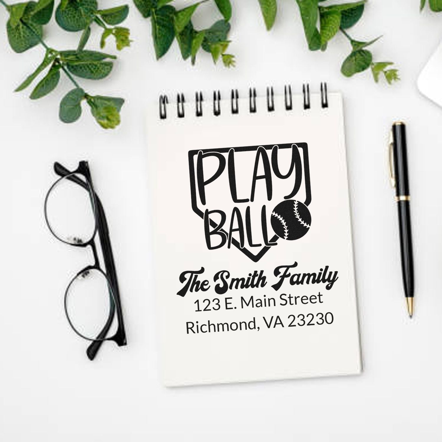 Custom Play Ball baseball return address rubber stamp with The Smith Family name and Richmond, VA address.