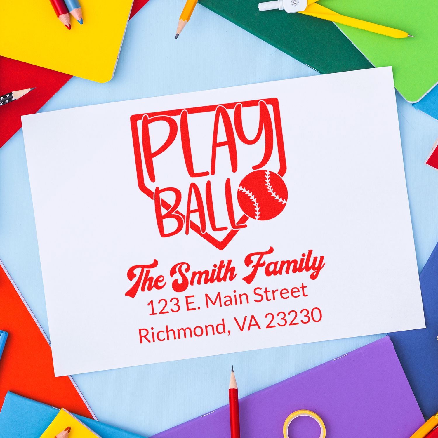 Custom baseball-themed rubber stamp with Play Ball design, personalized for The Smith Family address label.