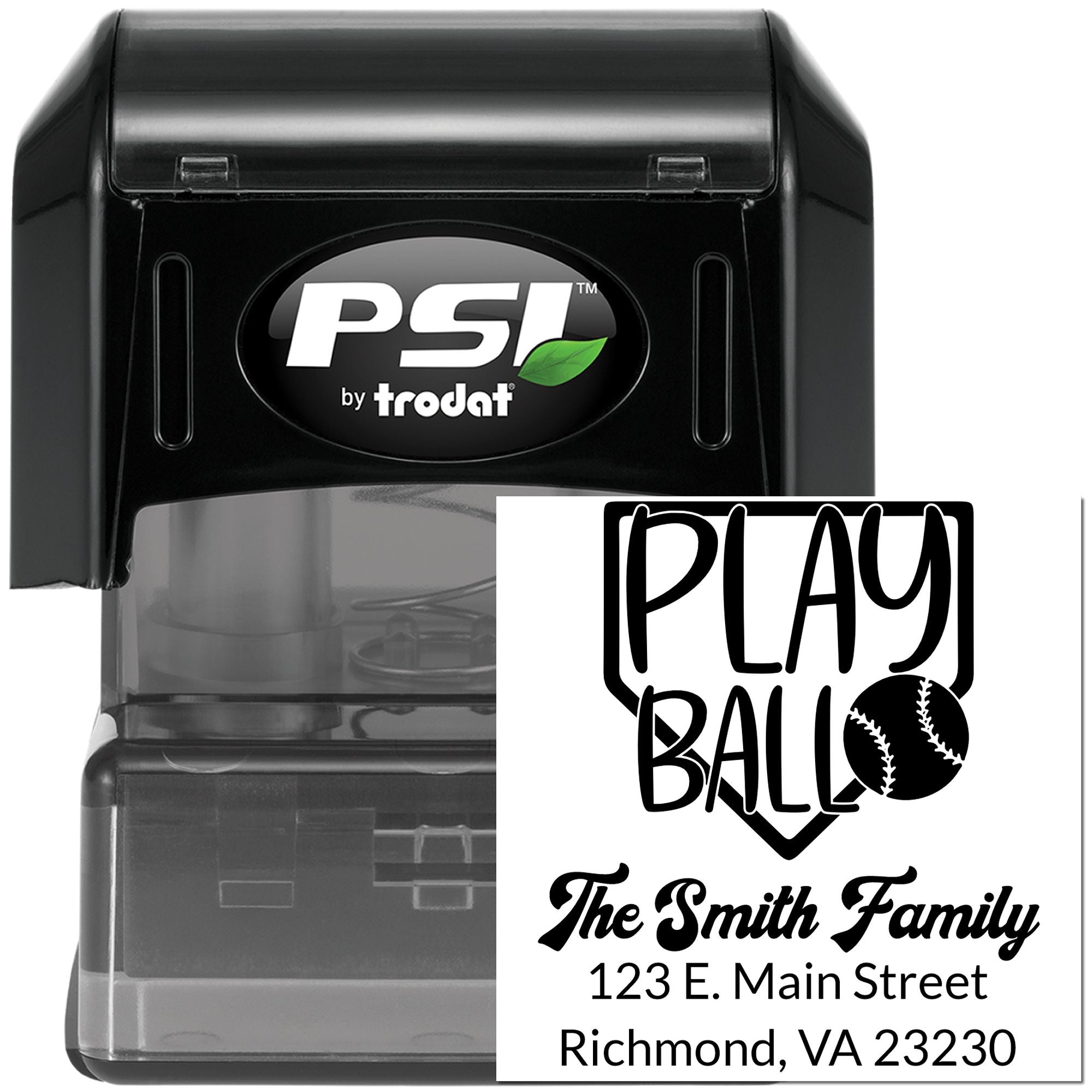 Custom self-inking return address stamp with Play Ball baseball design, family name, and Richmond, VA address.