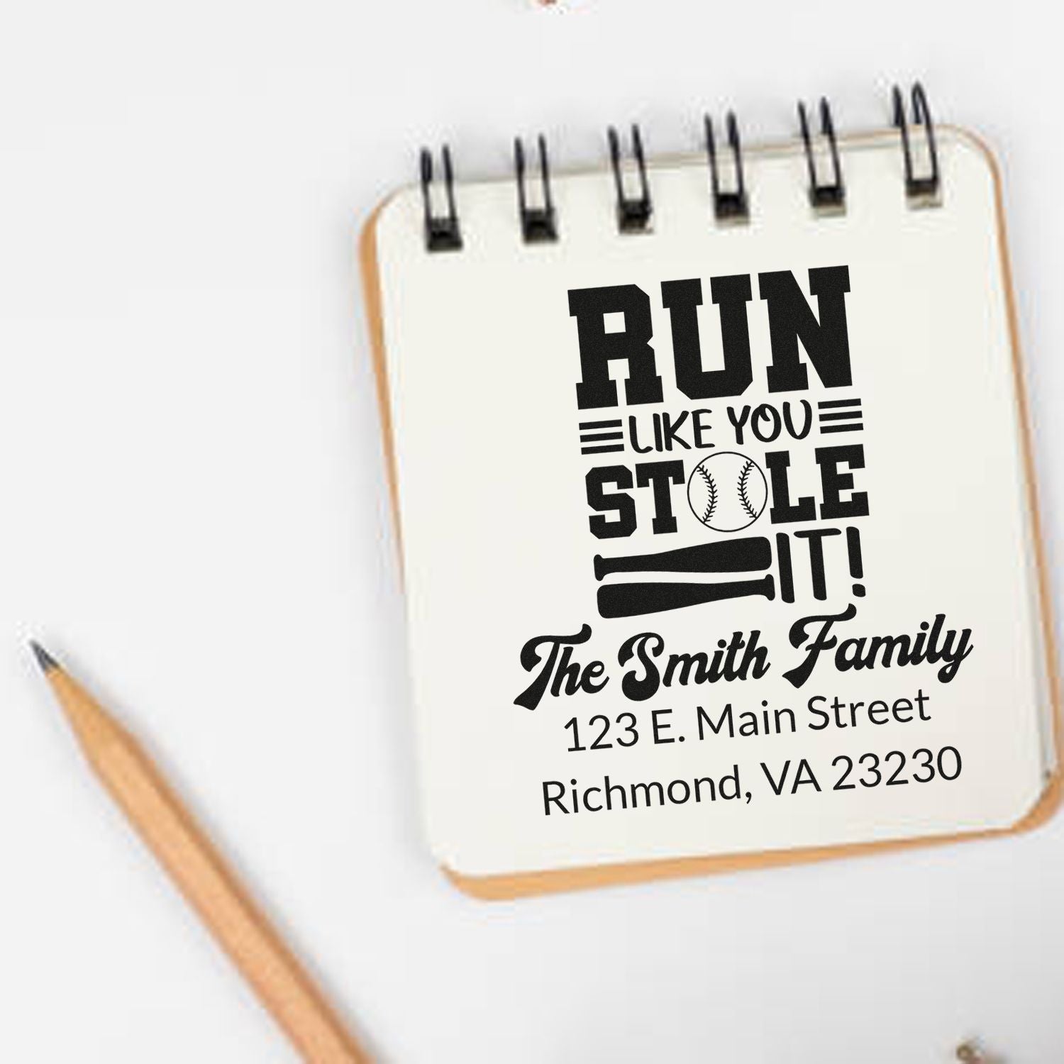 Personalized baseball return address rubber stamp with Run Like You Stole It family design