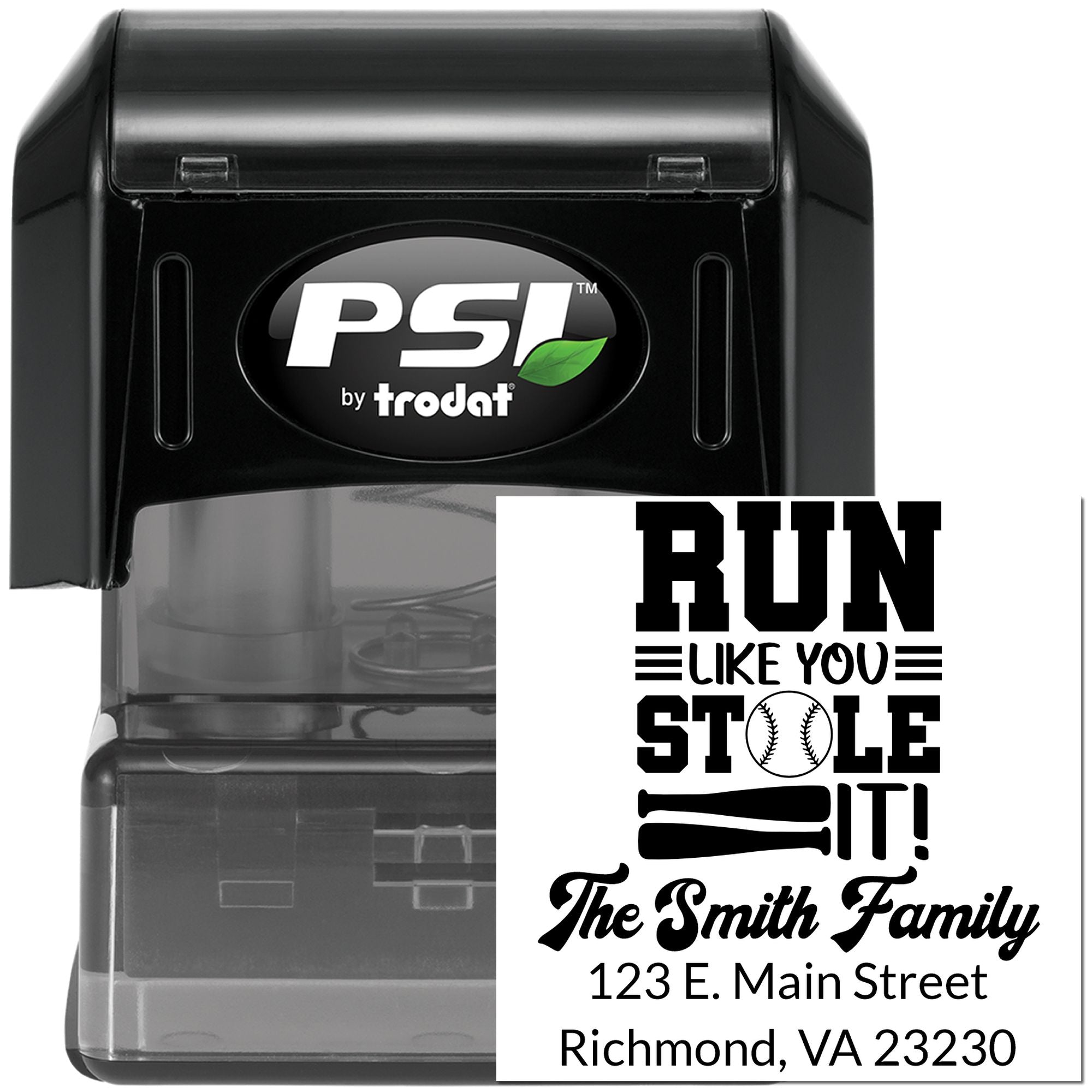 Custom self-inking rubber return address stamp by PSI by Trodat with baseball-themed family design.